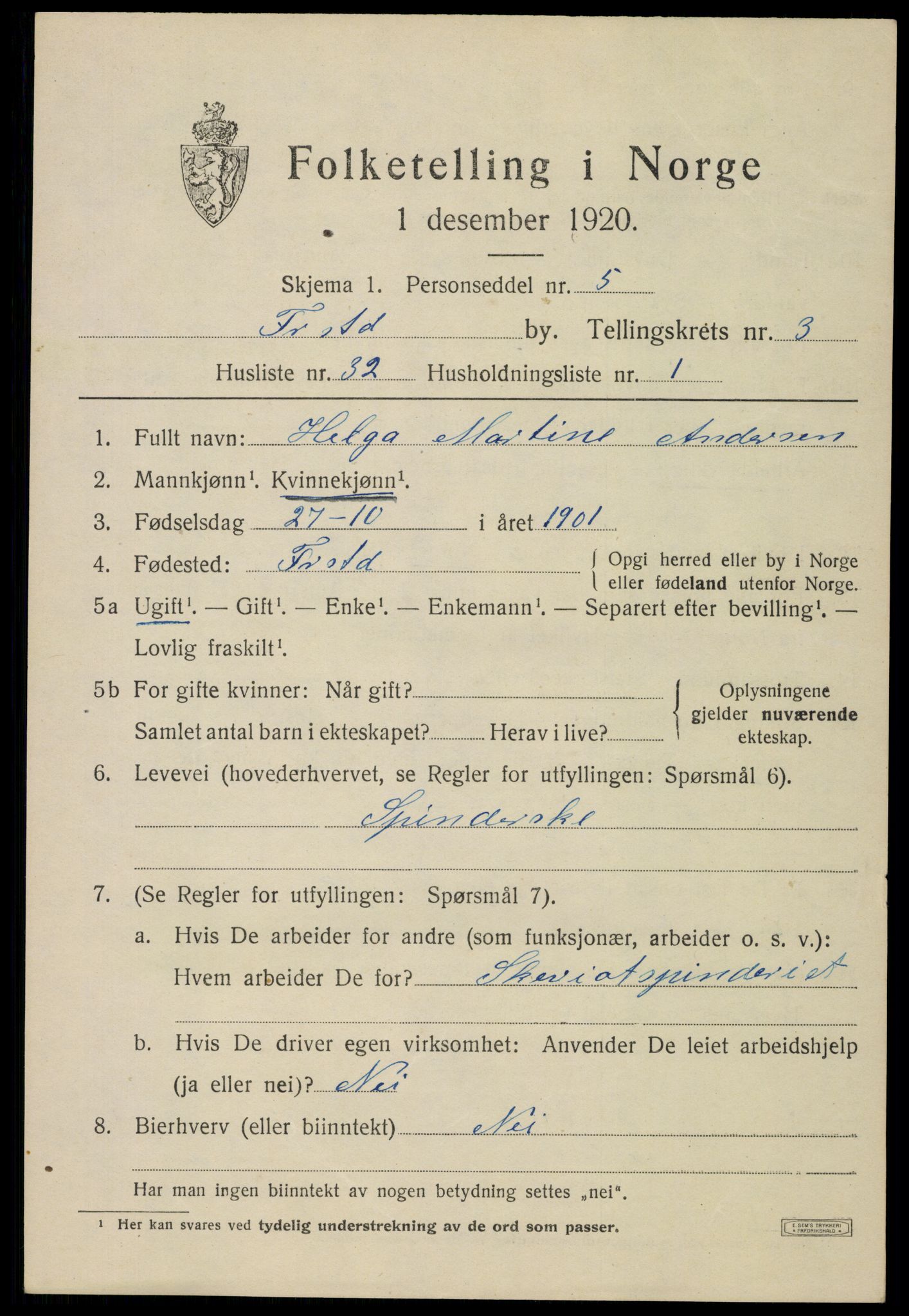 SAO, 1920 census for Fredrikstad, 1920, p. 15491