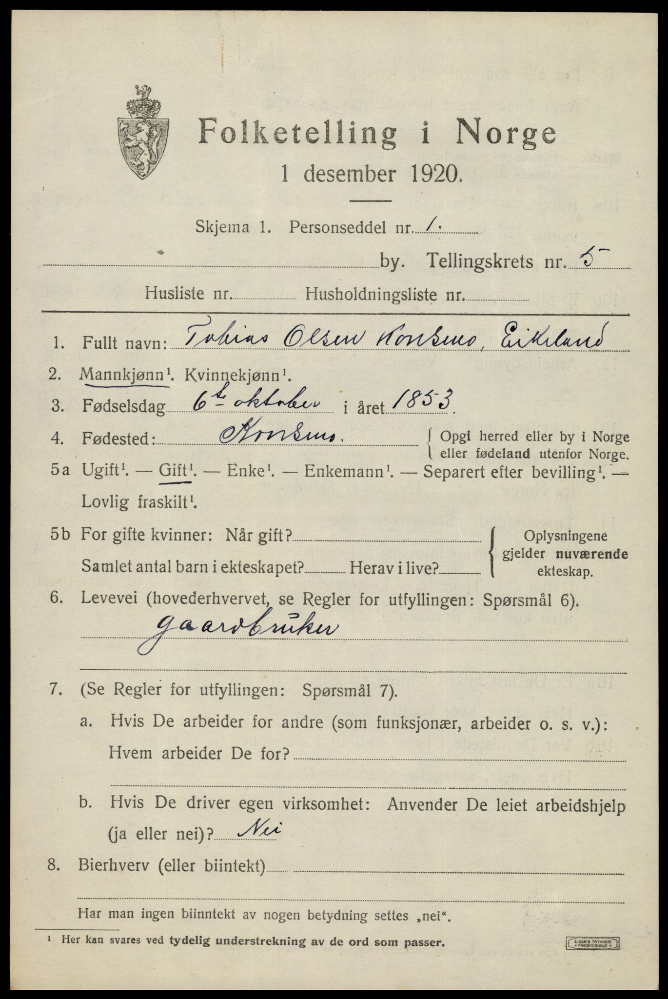 SAK, 1920 census for Konsmo, 1920, p. 1264