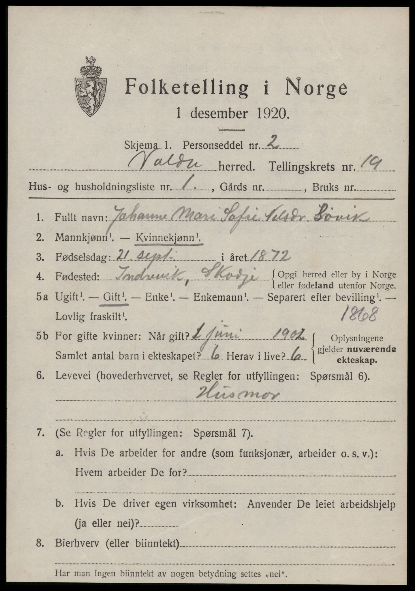 SAT, 1920 census for Volda, 1920, p. 10112