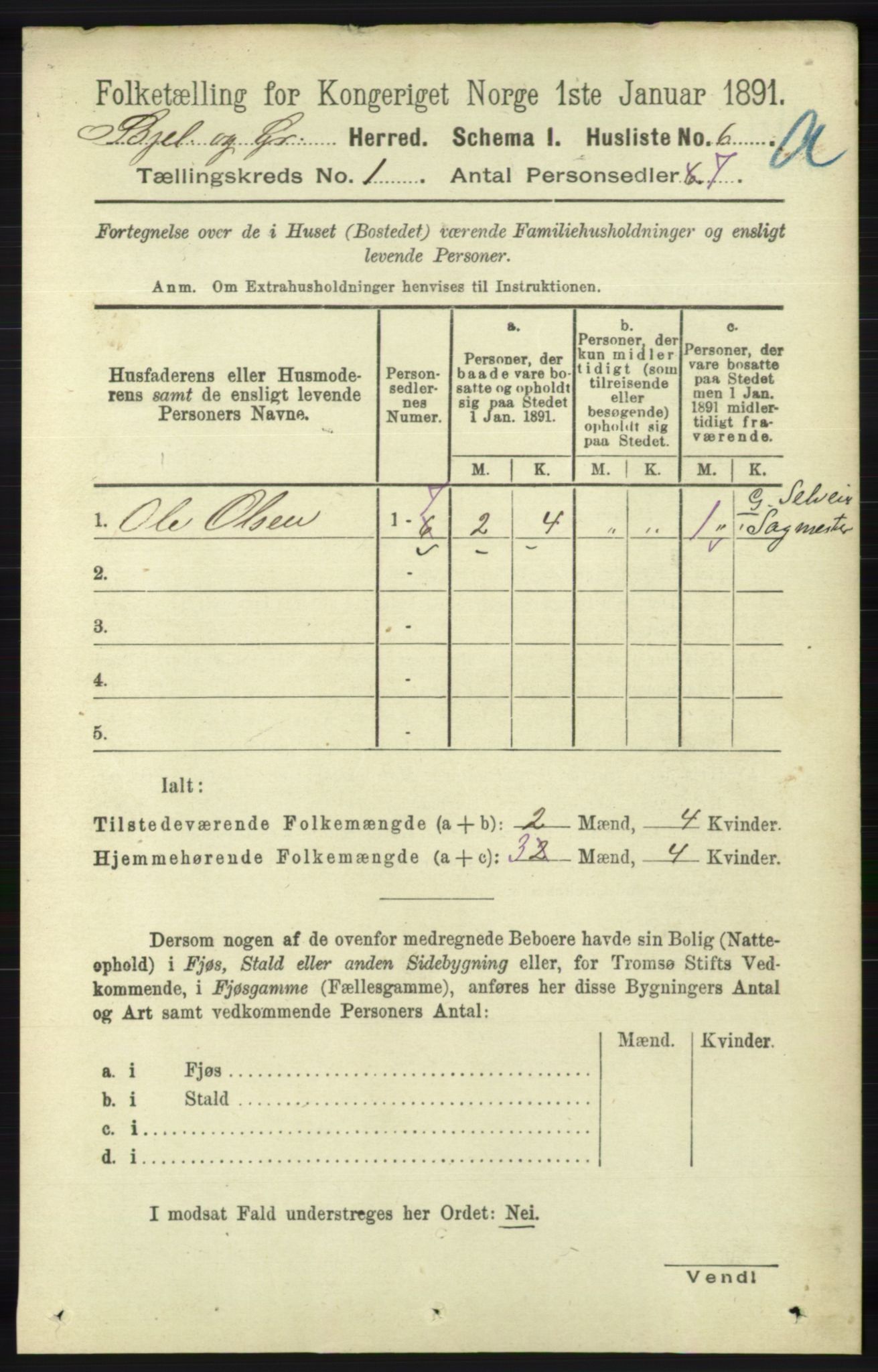 RA, 1891 census for 1024 Bjelland og Grindheim, 1891, p. 28