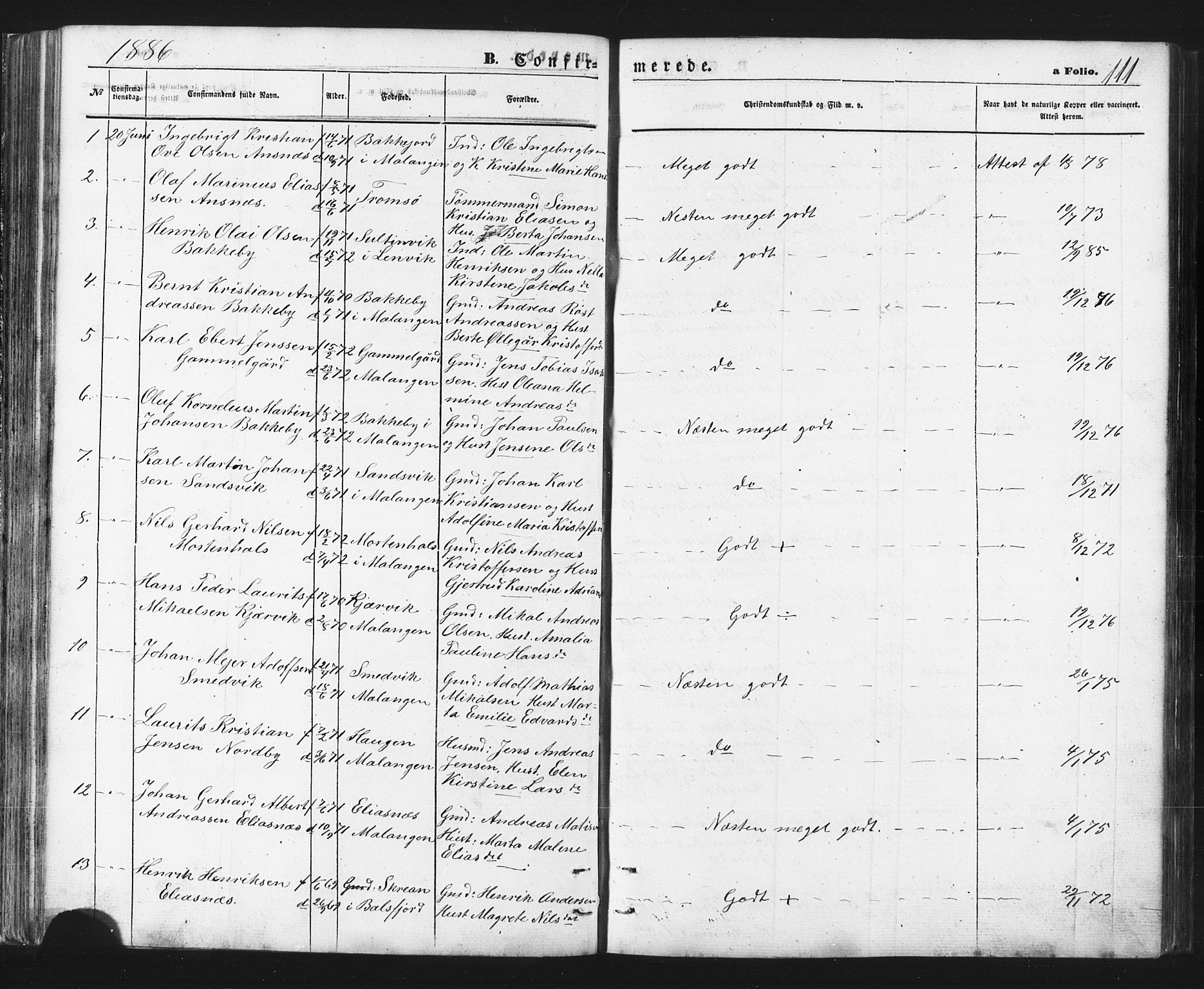 Balsfjord sokneprestembete, SATØ/S-1303/G/Ga/L0002klokker: Parish register (copy) no. 2, 1870-1886, p. 111