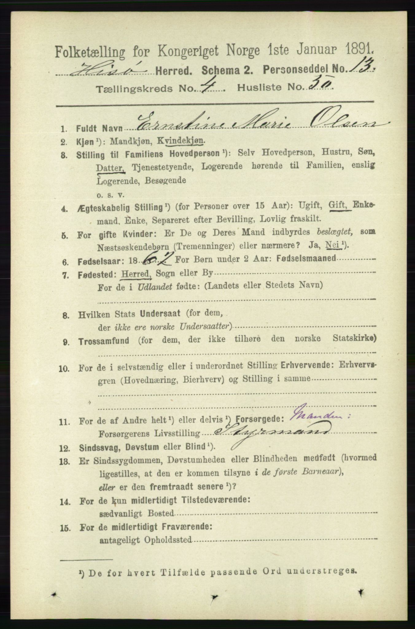 RA, 1891 census for 0922 Hisøy, 1891, p. 3613