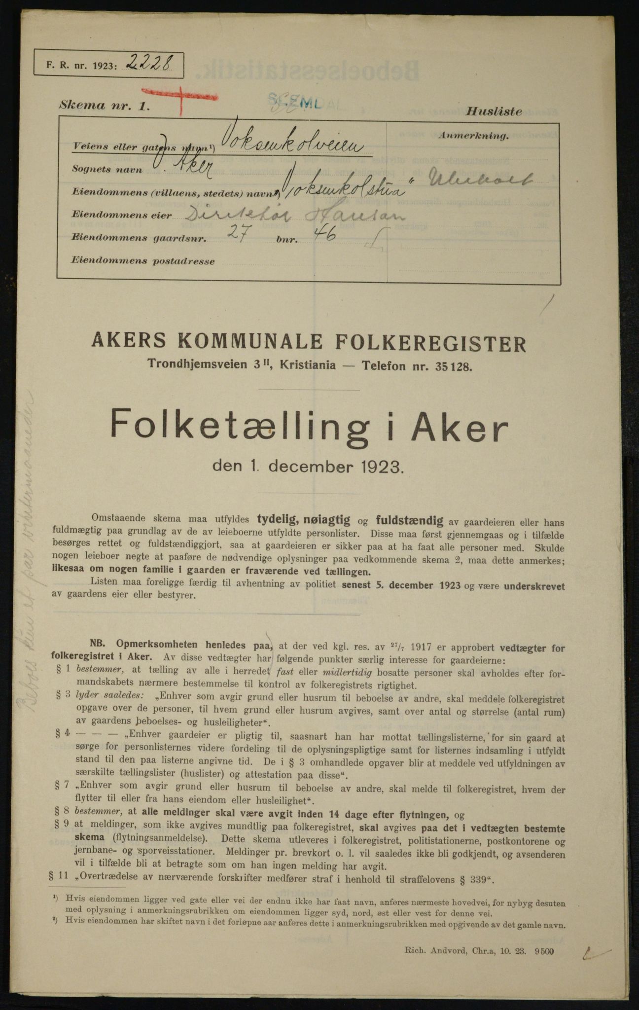 , Municipal Census 1923 for Aker, 1923, p. 22282