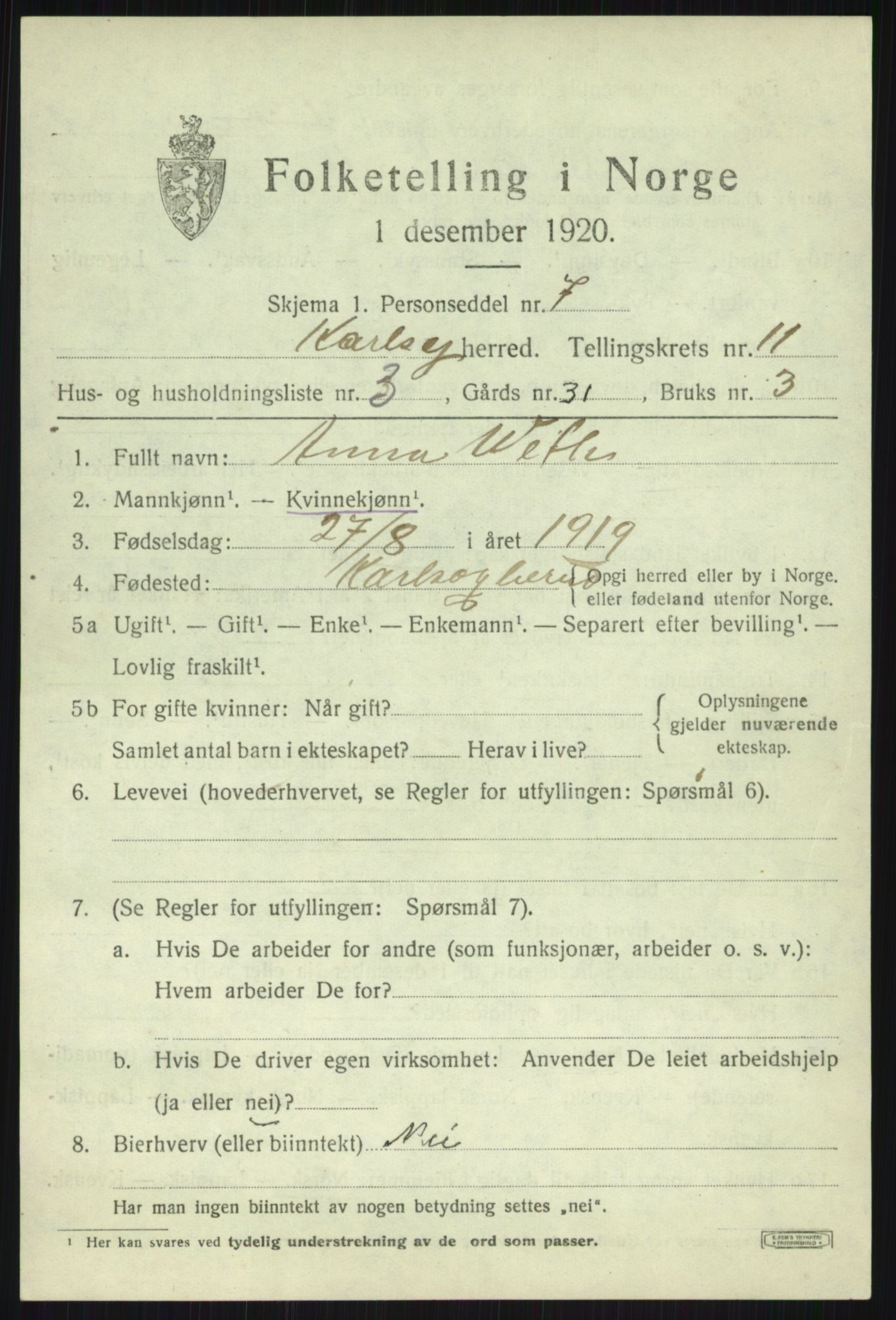 SATØ, 1920 census for Karlsøy, 1920, p. 4018
