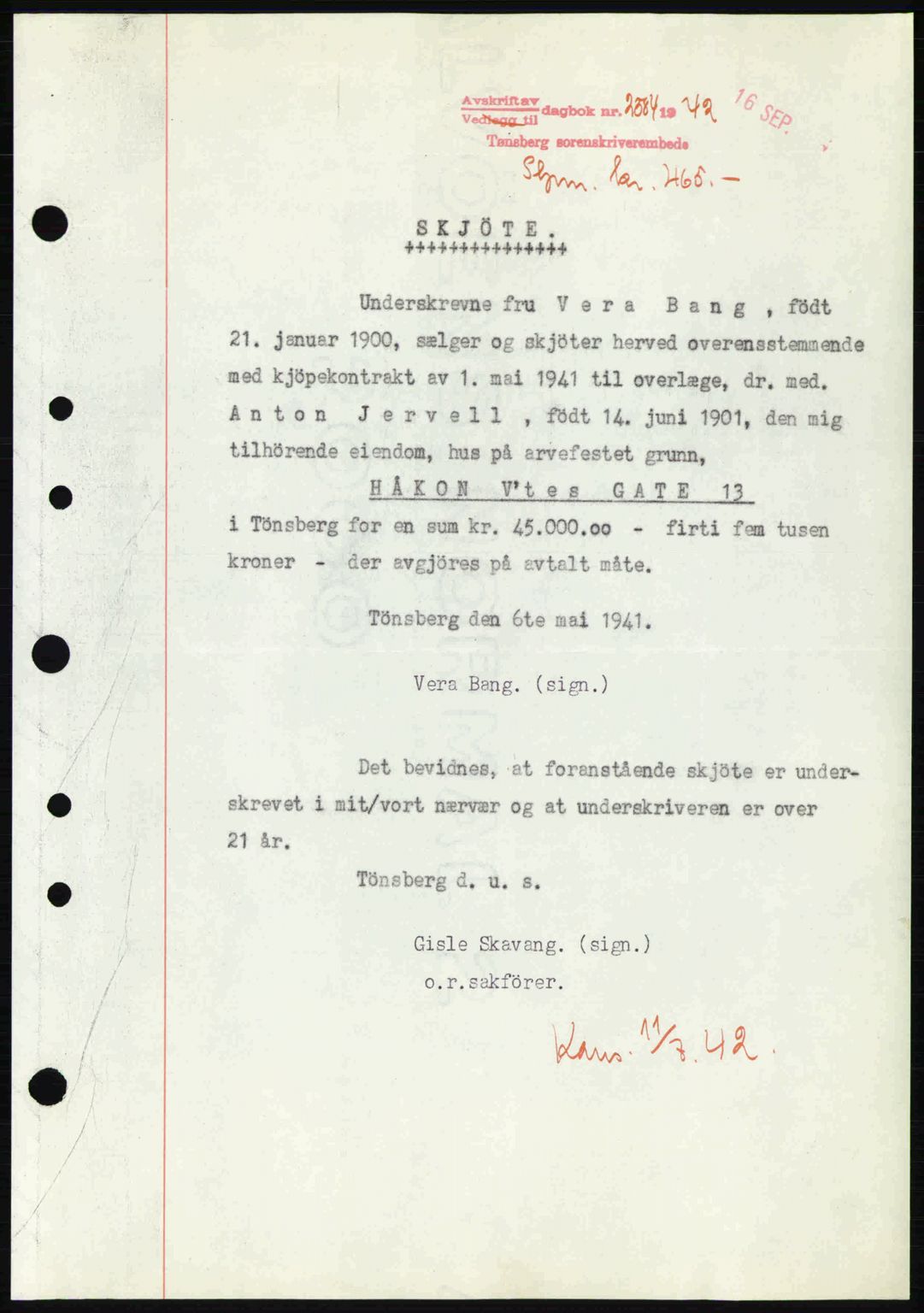 Tønsberg sorenskriveri, AV/SAKO-A-130/G/Ga/Gaa/L0012: Mortgage book no. A12, 1942-1943, Diary no: : 2584/1942