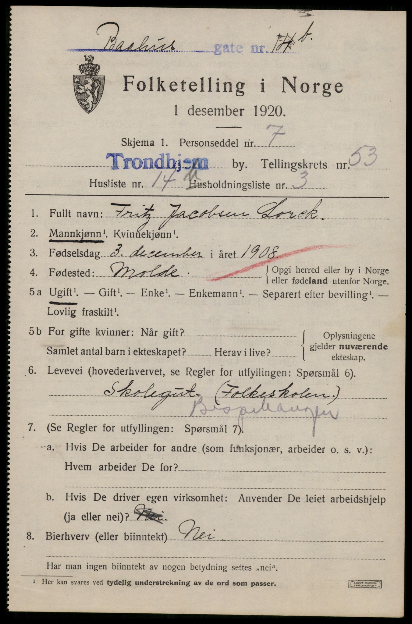 SAT, 1920 census for Trondheim, 1920, p. 108972