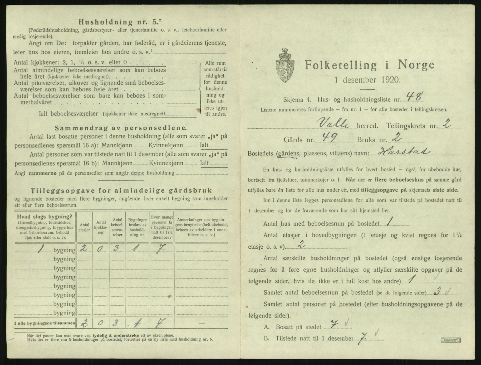 SAK, 1920 census for Valle, 1920, p. 211