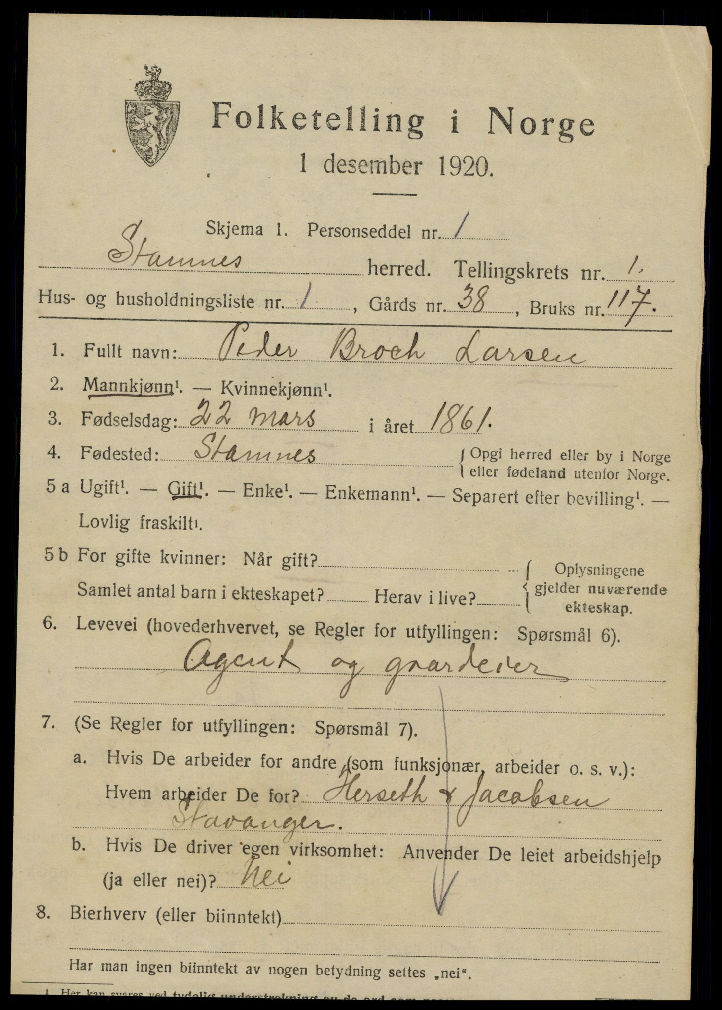 SAT, 1920 census for Stamnes, 1920, p. 570