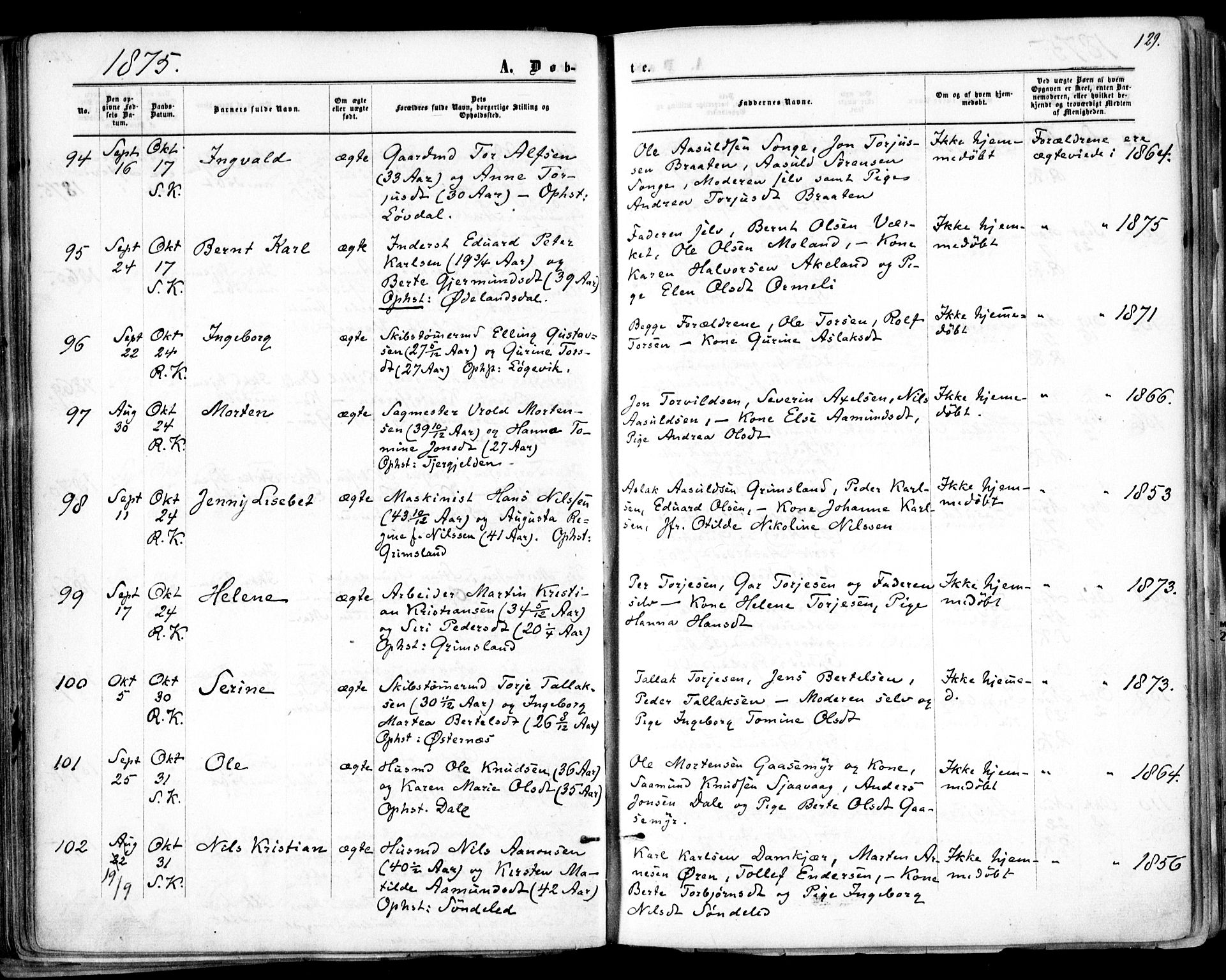 Søndeled sokneprestkontor, AV/SAK-1111-0038/F/Fa/L0003: Parish register (official) no. A 3, 1861-1879, p. 129