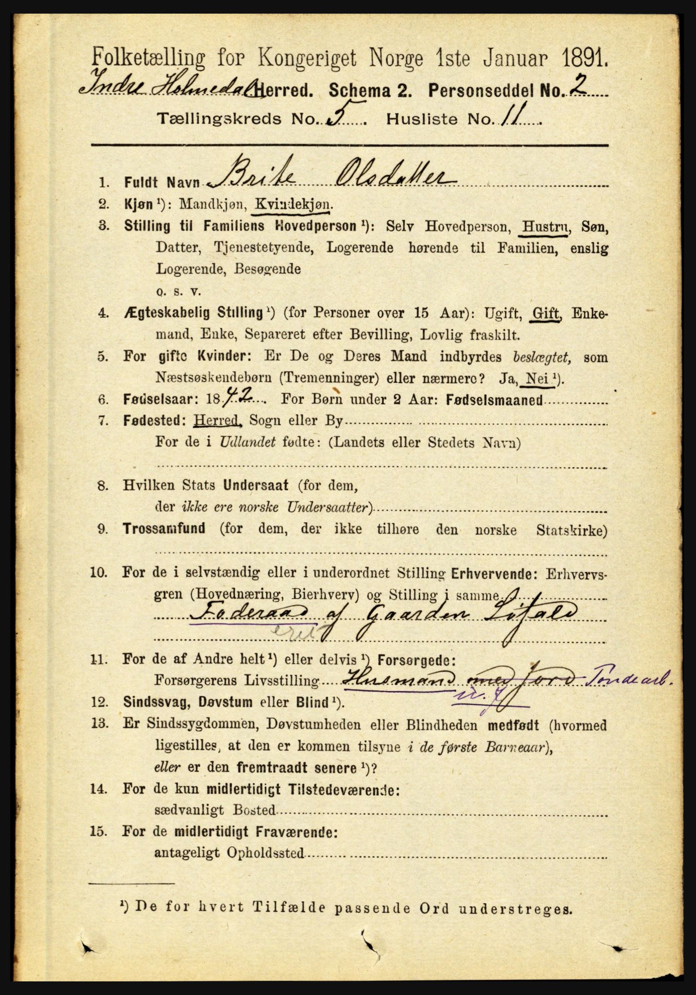 RA, 1891 census for 1430 Indre Holmedal, 1891, p. 1968