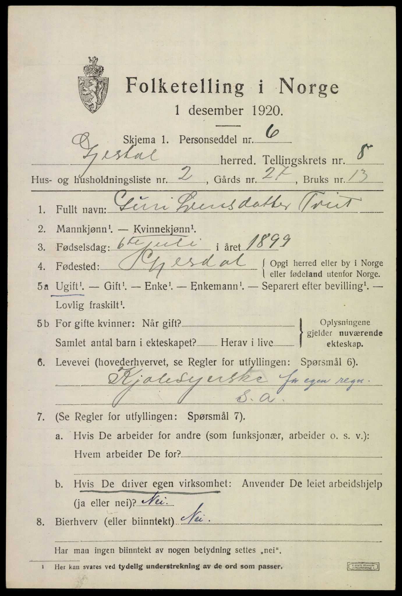 SAST, 1920 census for Gjesdal, 1920, p. 3776