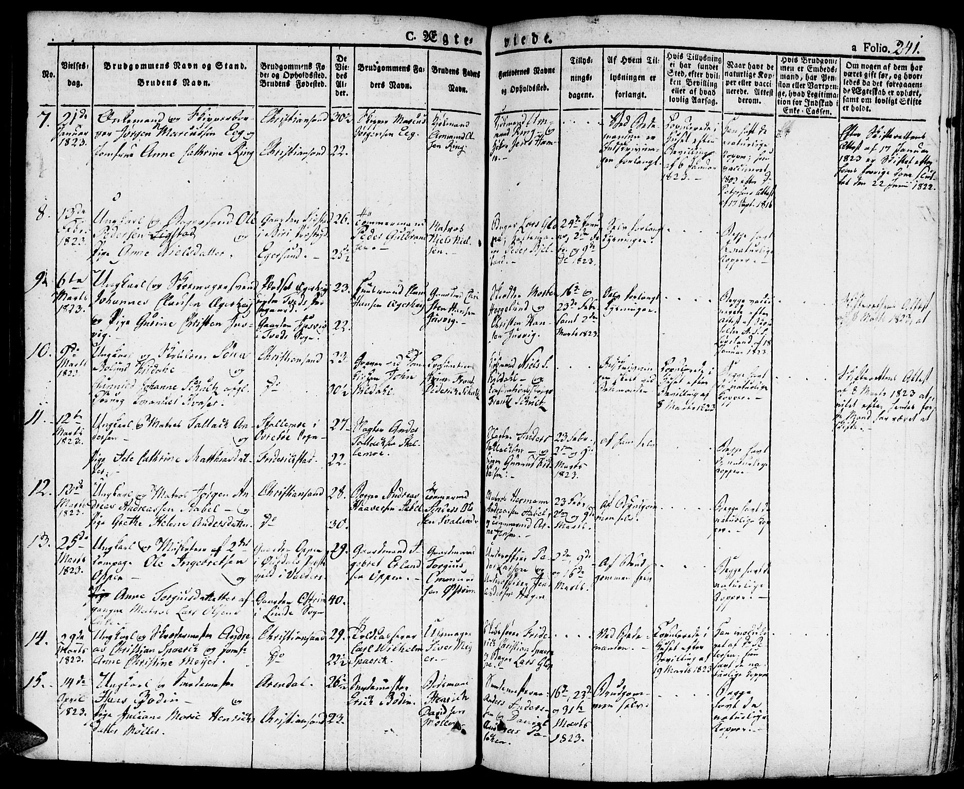 Kristiansand domprosti, SAK/1112-0006/F/Fa/L0009: Parish register (official) no. A 9, 1821-1827, p. 241