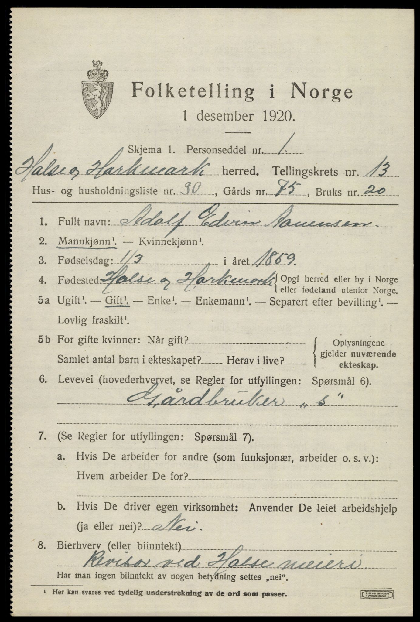 SAK, 1920 census for Halse og Harkmark, 1920, p. 7261