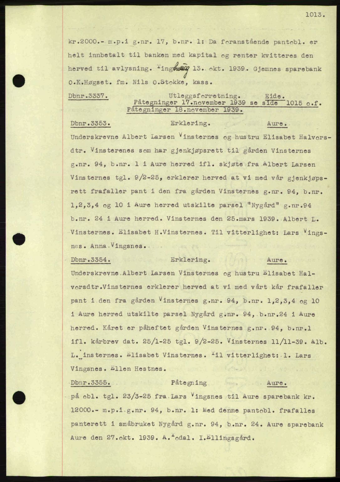 Nordmøre sorenskriveri, AV/SAT-A-4132/1/2/2Ca: Mortgage book no. C80, 1936-1939, Diary no: : 3337/1939