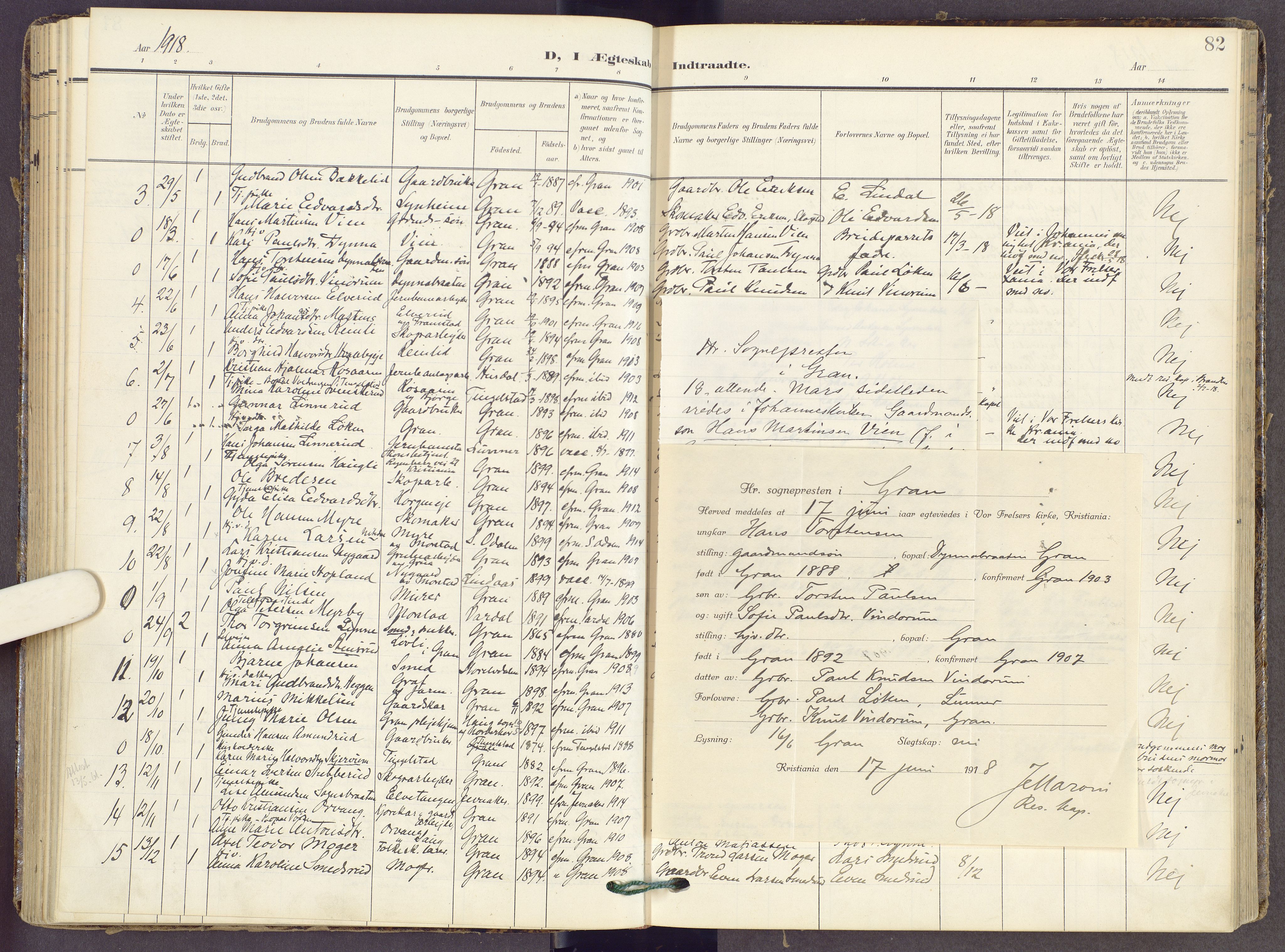 Gran prestekontor, SAH/PREST-112/H/Ha/Haa/L0022: Parish register (official) no. 22, 1908-1918, p. 82