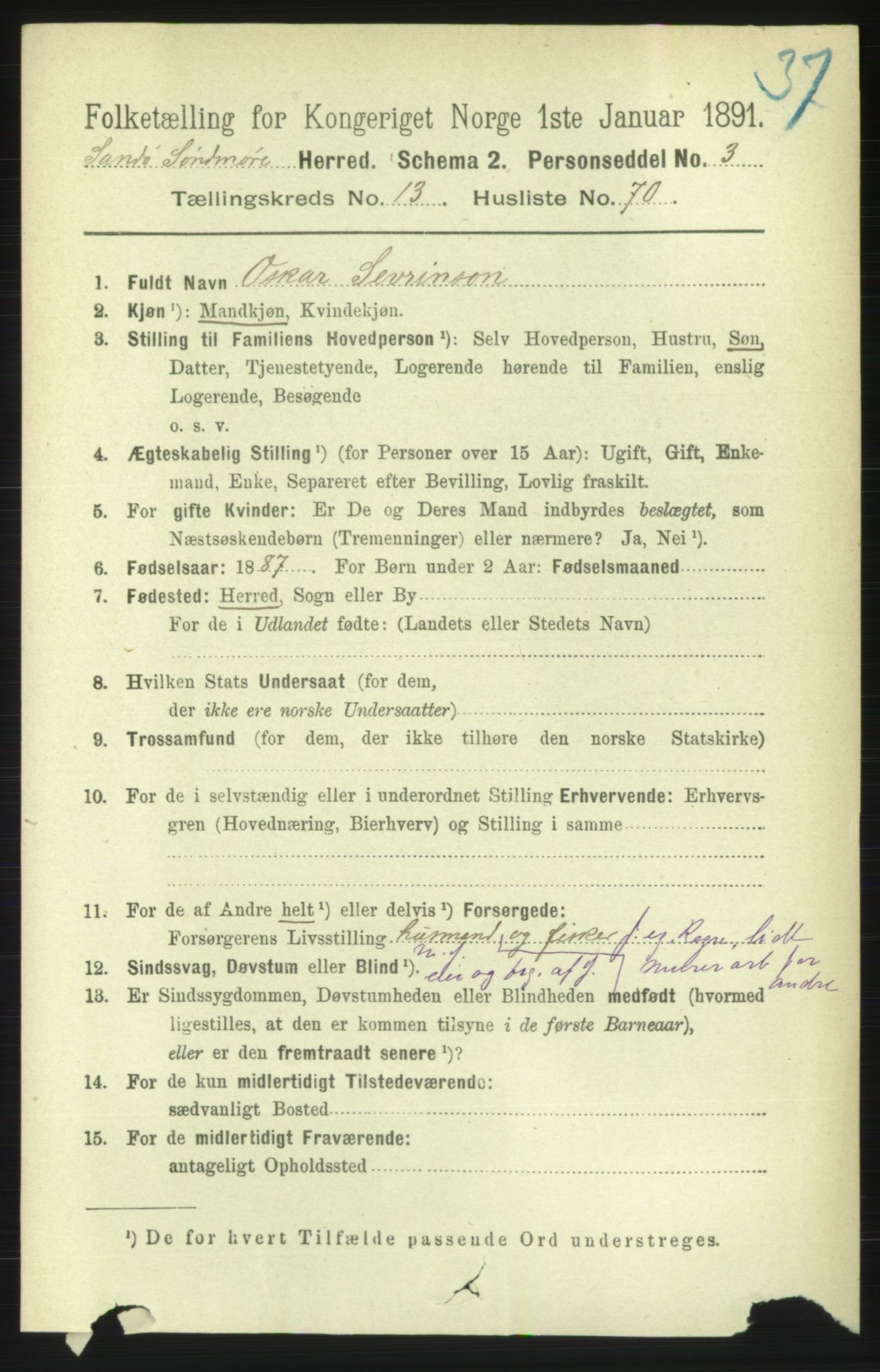 RA, 1891 census for 1514 Sande, 1891, p. 2825