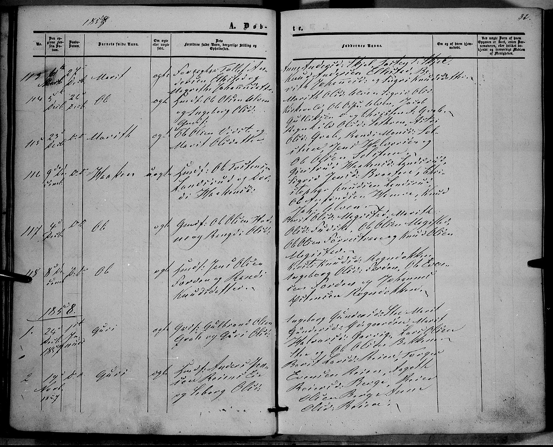 Vestre Slidre prestekontor, SAH/PREST-136/H/Ha/Haa/L0002: Parish register (official) no. 2, 1856-1864, p. 32