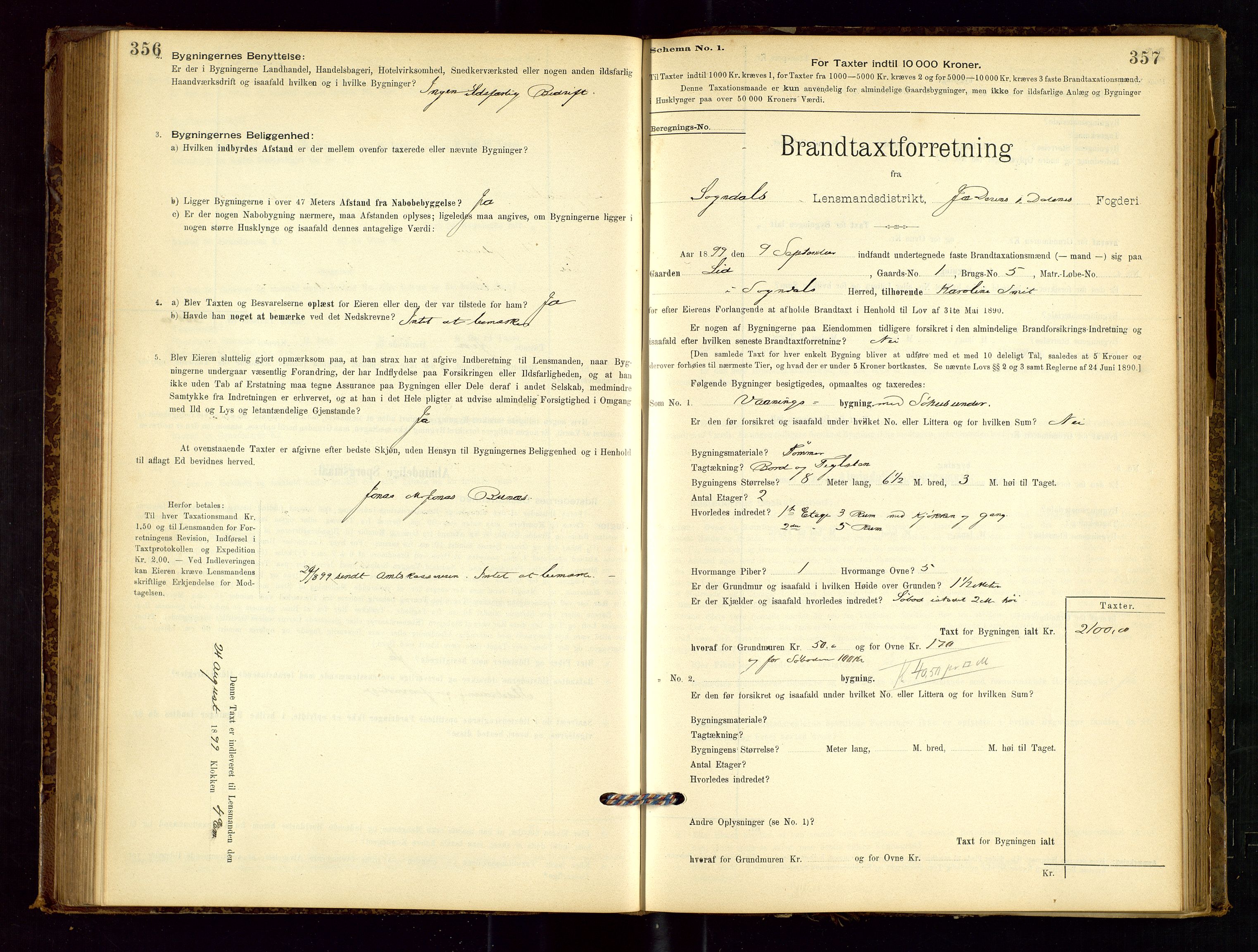 Sokndal lensmannskontor, AV/SAST-A-100417/Gob/L0001: "Brandtaxt-Protokol", 1895-1902, p. 356-357