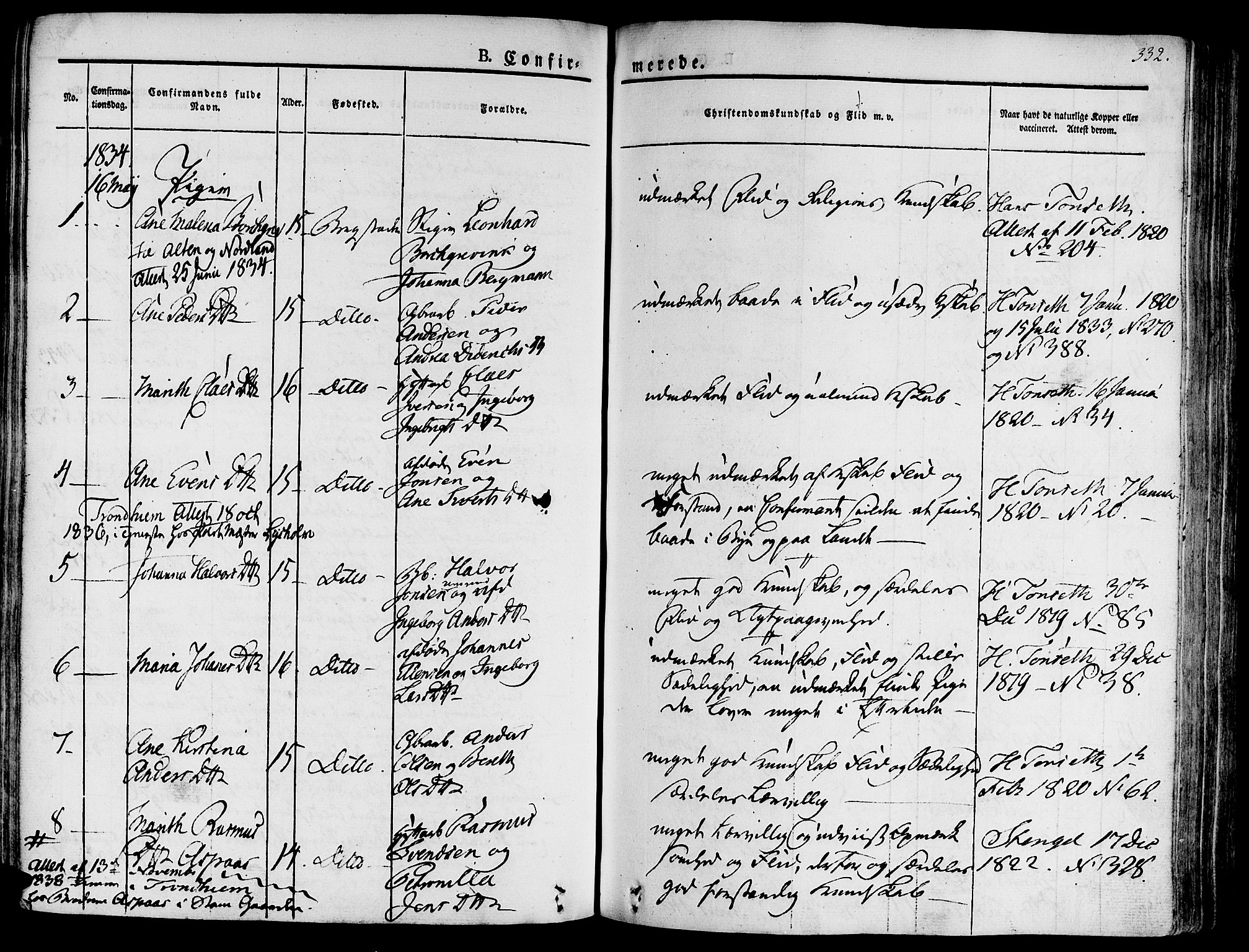 Ministerialprotokoller, klokkerbøker og fødselsregistre - Sør-Trøndelag, AV/SAT-A-1456/681/L0930: Parish register (official) no. 681A08, 1829-1844, p. 332