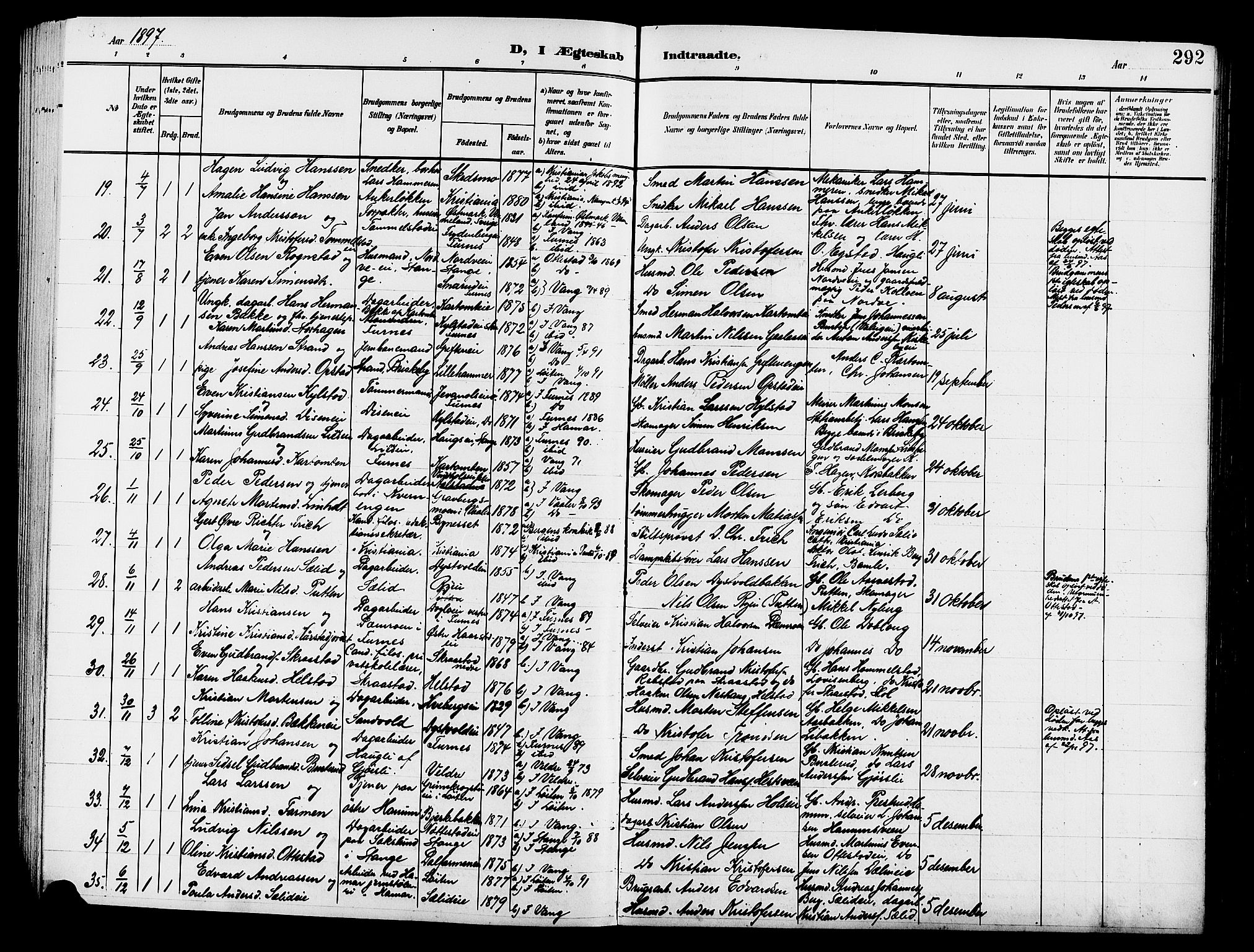 Vang prestekontor, Hedmark, AV/SAH-PREST-008/H/Ha/Hab/L0014: Parish register (copy) no. 14, 1896-1914, p. 292