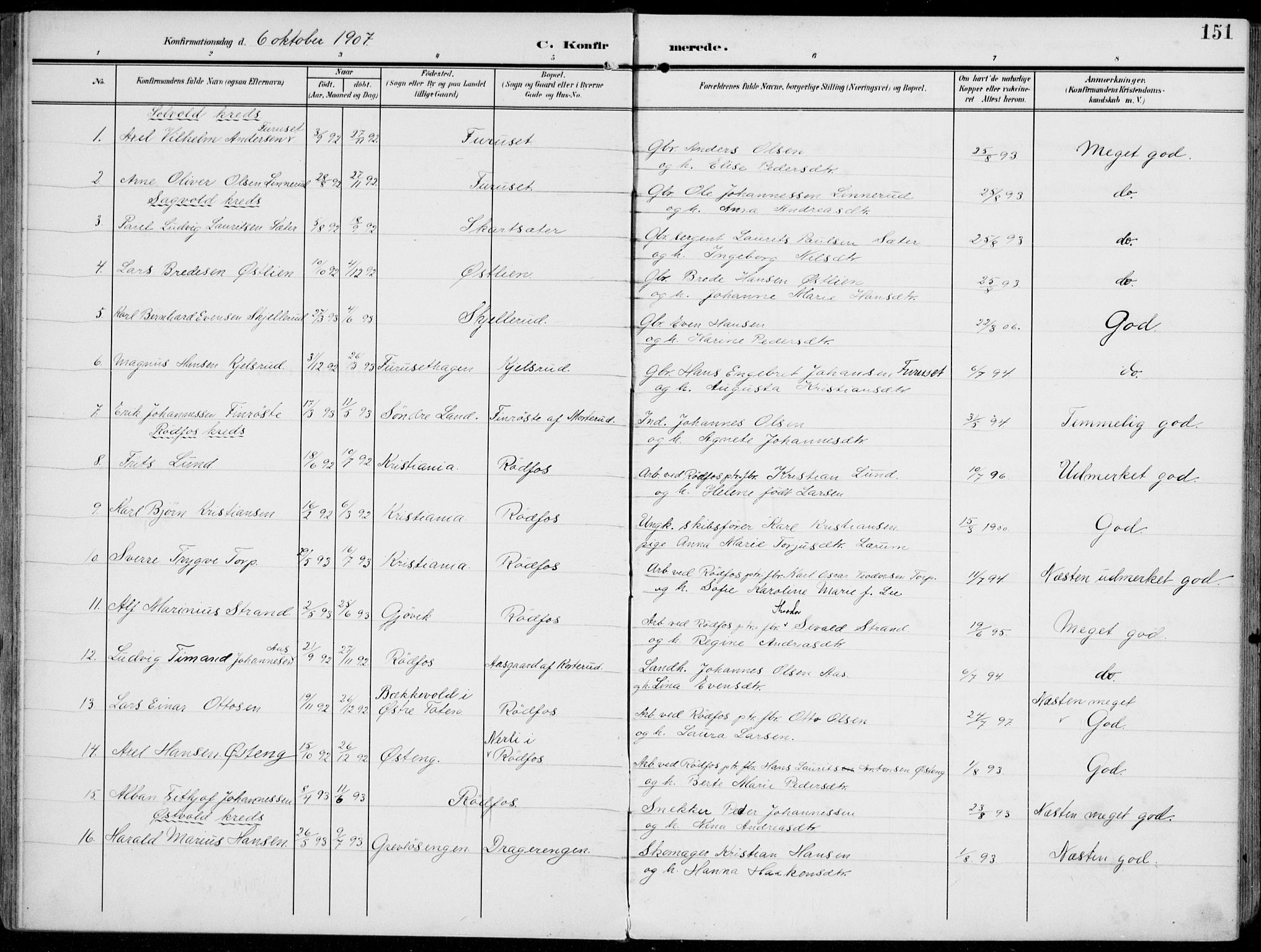 Vestre Toten prestekontor, SAH/PREST-108/H/Ha/Haa/L0014: Parish register (official) no. 14, 1907-1920, p. 151