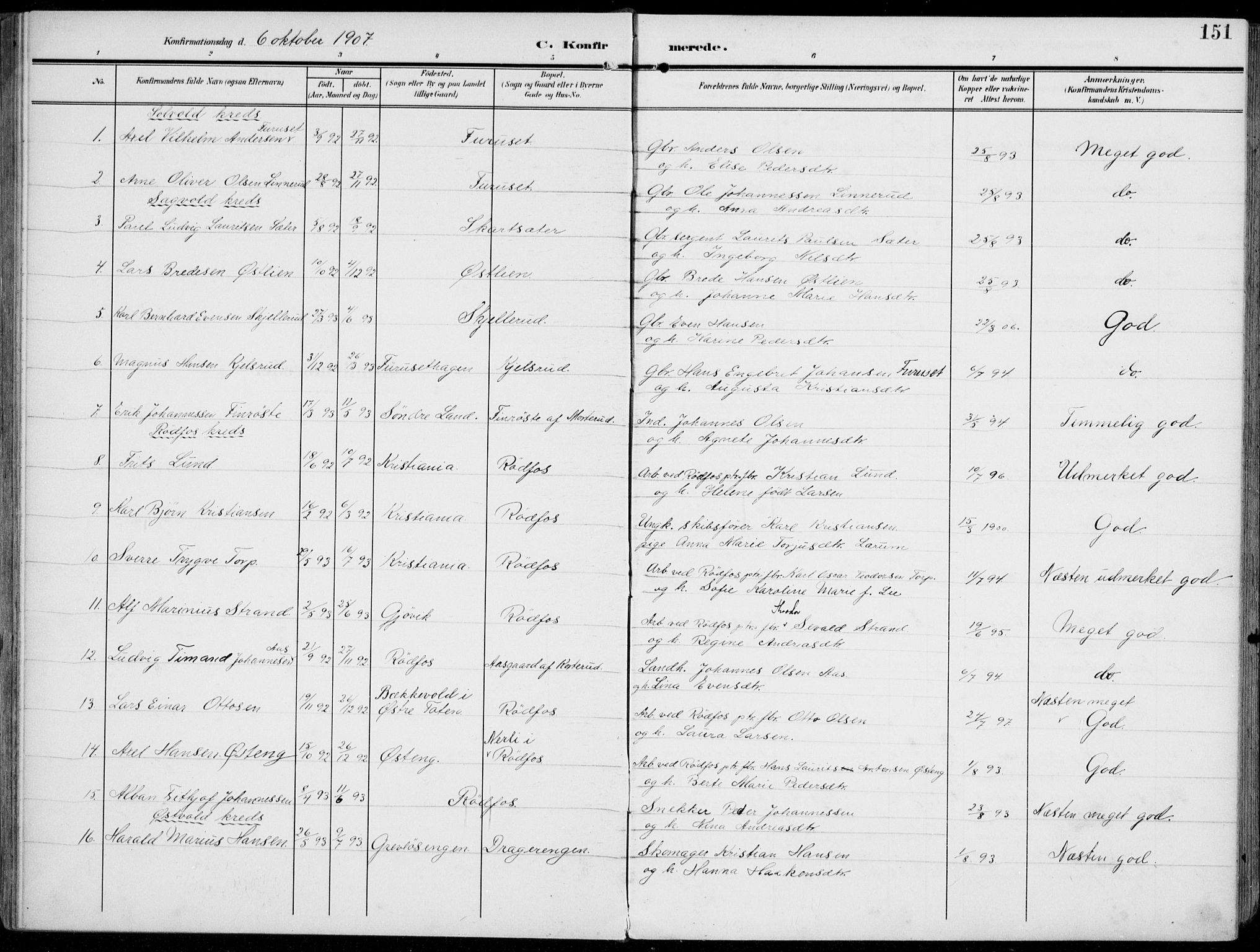 Vestre Toten prestekontor, AV/SAH-PREST-108/H/Ha/Haa/L0014: Parish register (official) no. 14, 1907-1920, p. 151