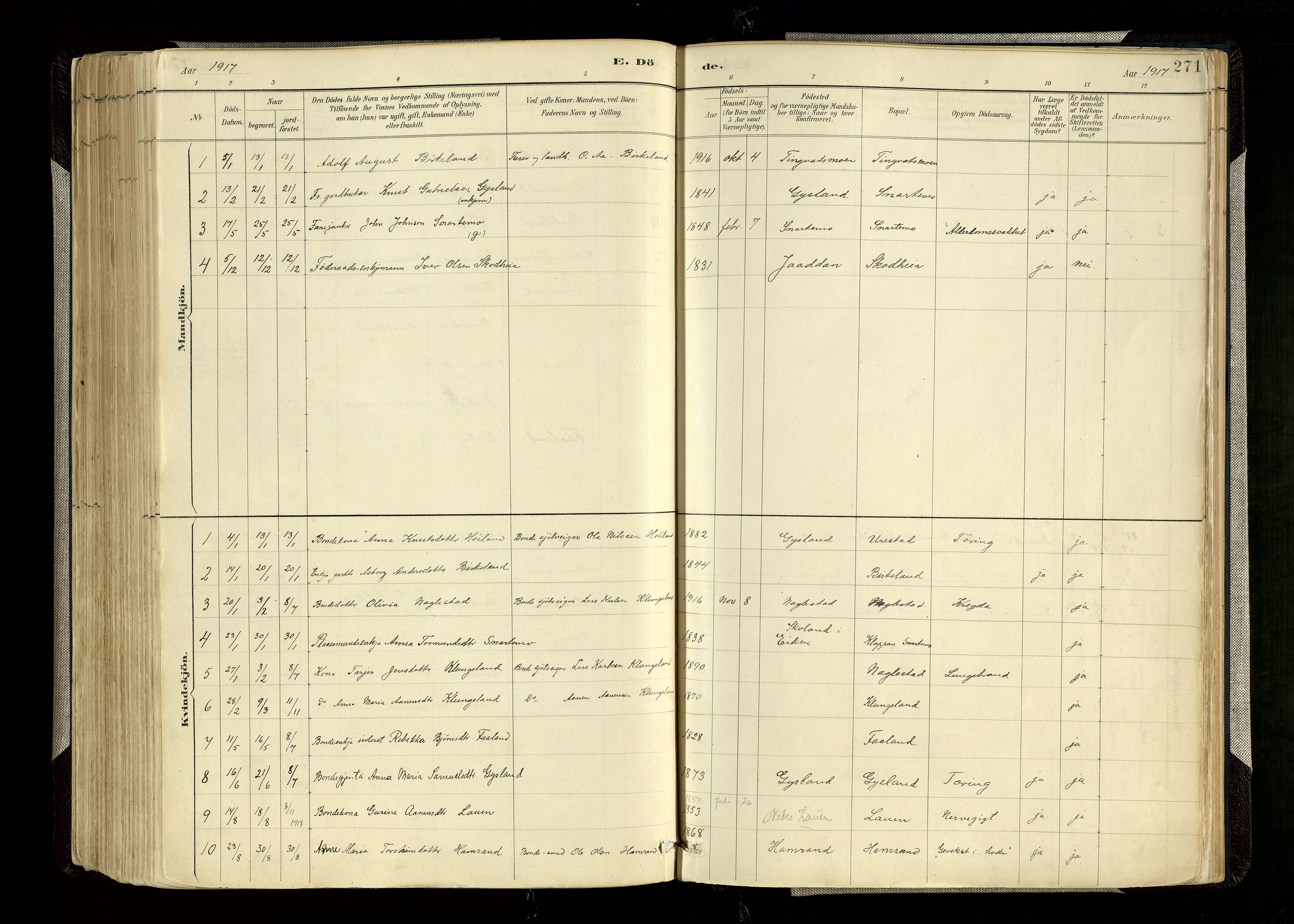 Hægebostad sokneprestkontor, SAK/1111-0024/F/Fa/Faa/L0006: Parish register (official) no. A 6, 1887-1929, p. 271