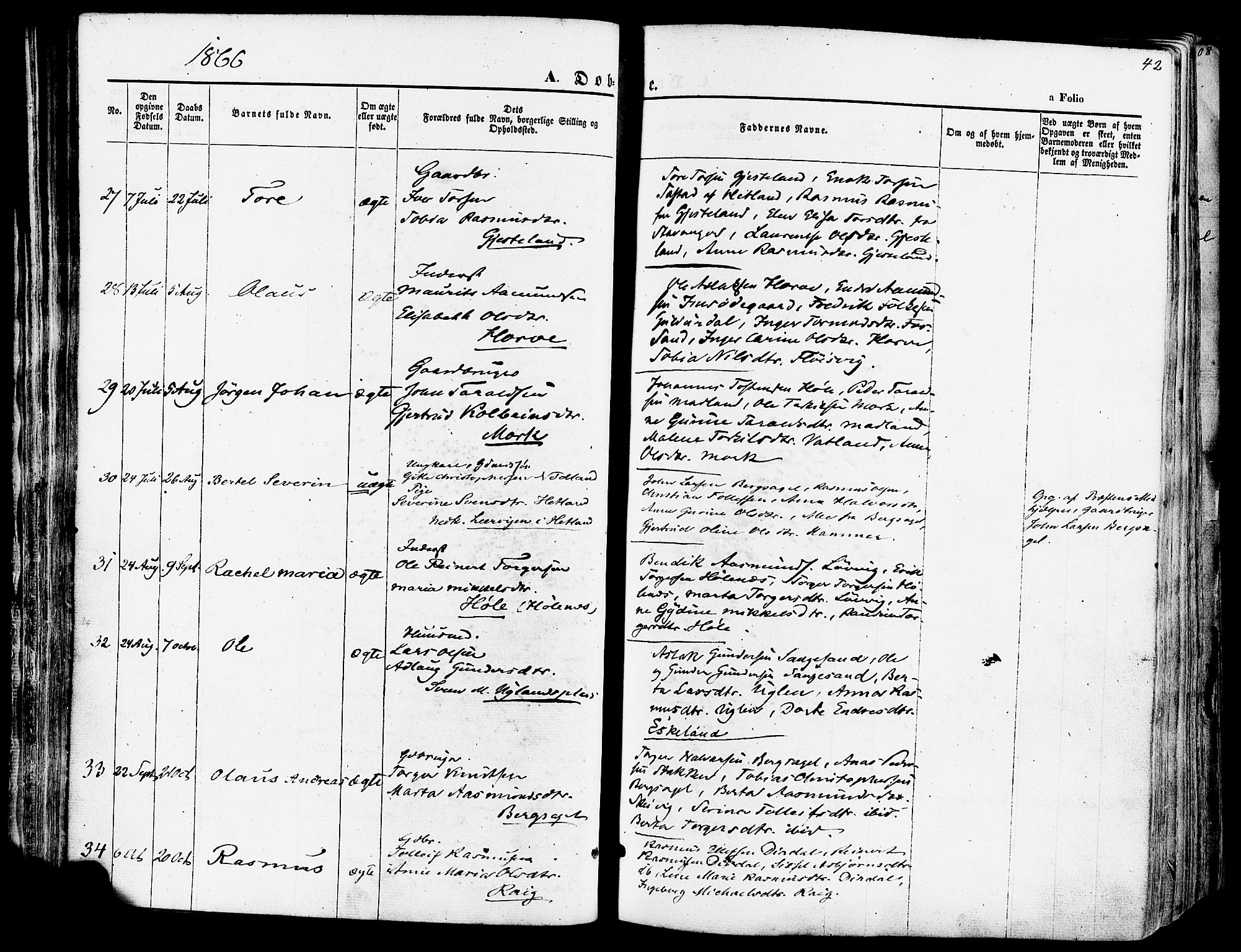 Høgsfjord sokneprestkontor, AV/SAST-A-101624/H/Ha/Haa/L0002: Parish register (official) no. A 2, 1855-1885, p. 42