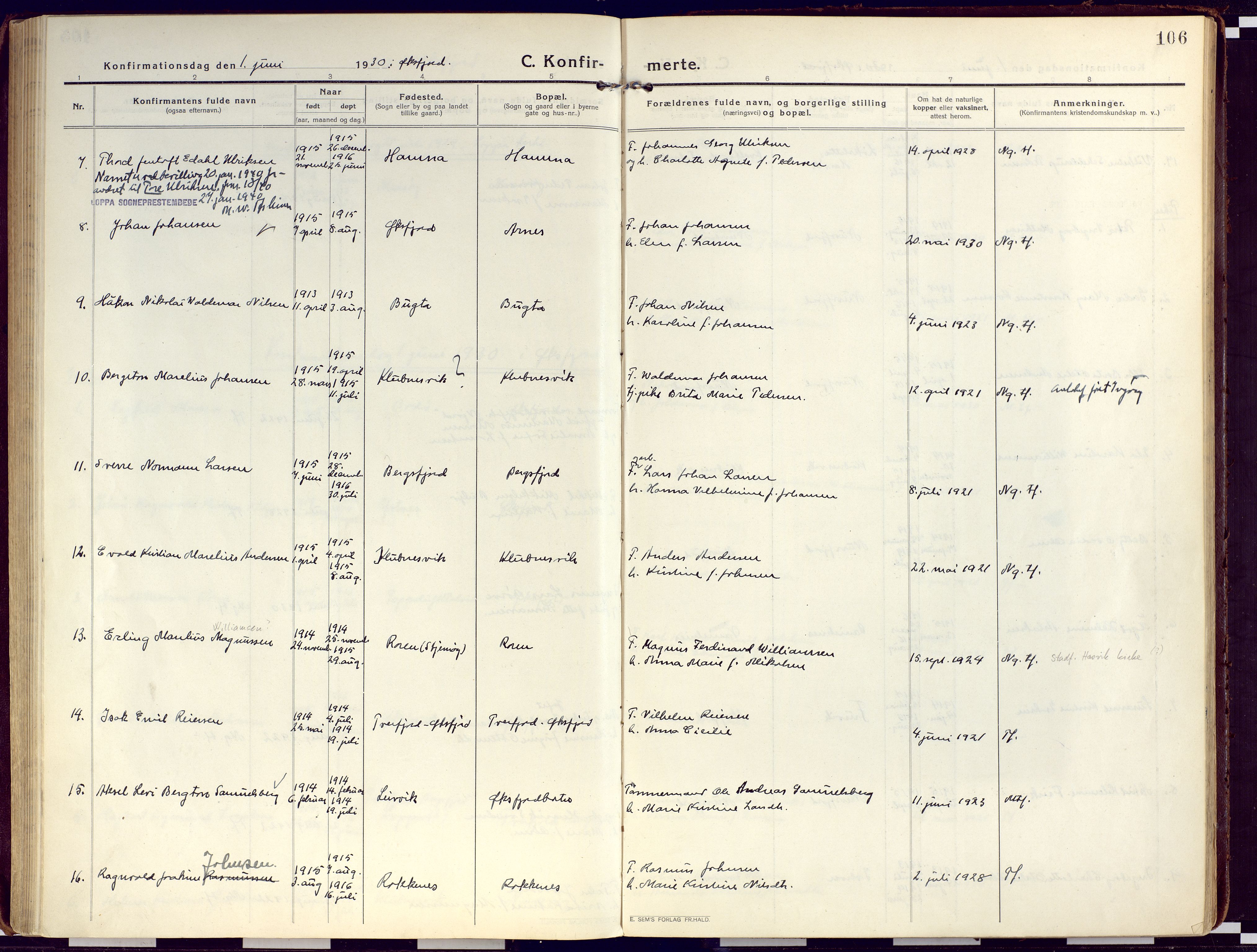 Loppa sokneprestkontor, AV/SATØ-S-1339/H/Ha/L0012kirke: Parish register (official) no. 12, 1917-1932, p. 106