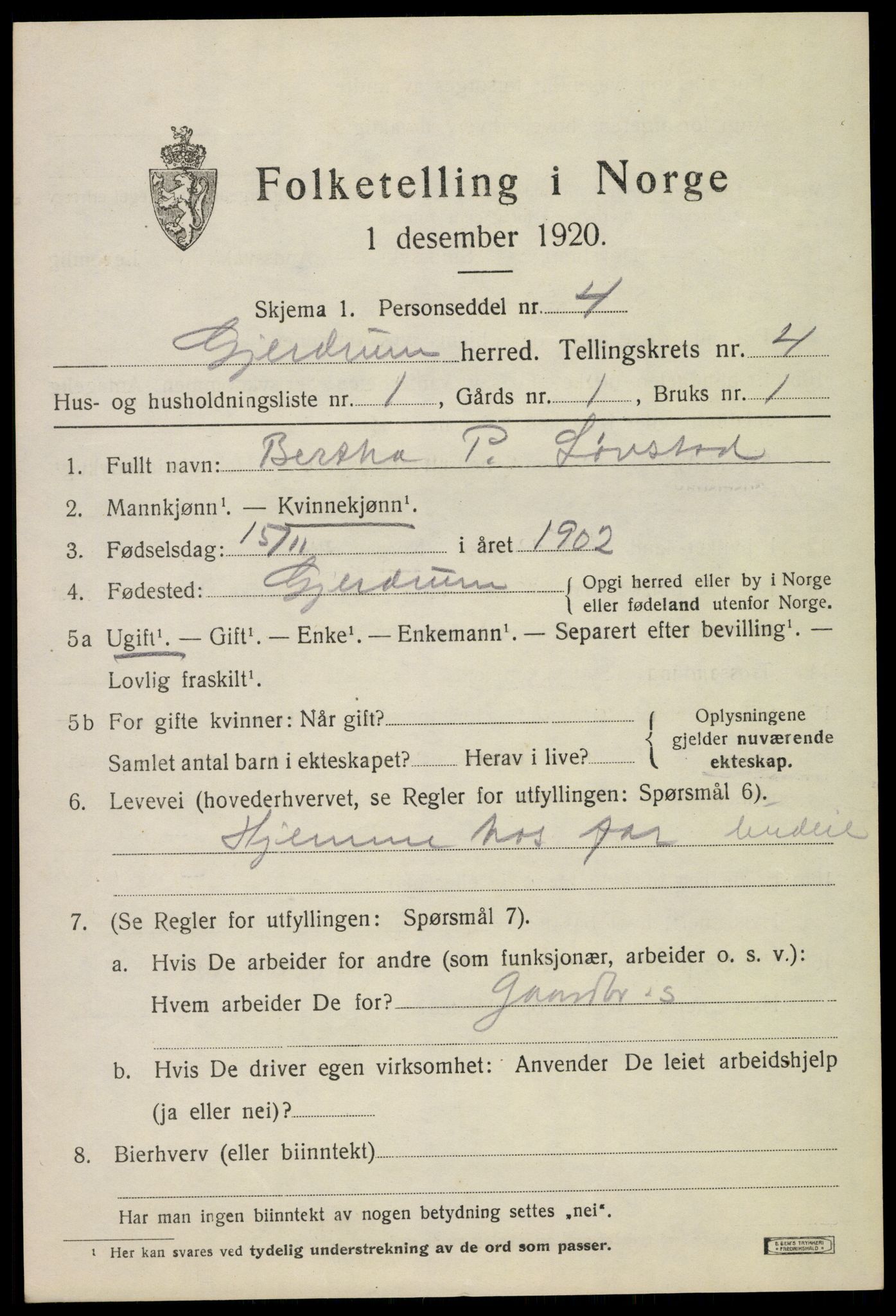 SAO, 1920 census for Gjerdrum, 1920, p. 3306