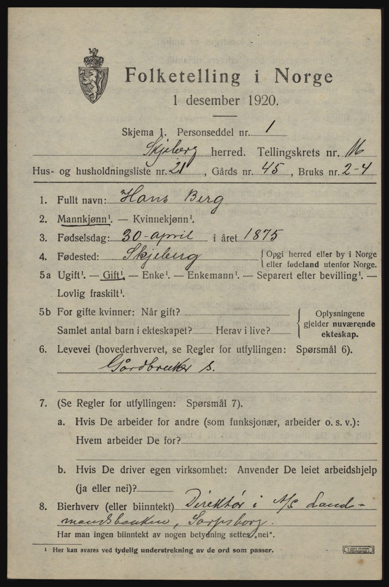 SAO, 1920 census for Skjeberg, 1920, p. 15069