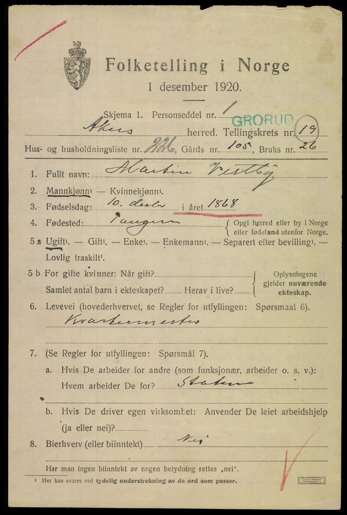 SAO, 1920 census for Aker, 1920, p. 121976
