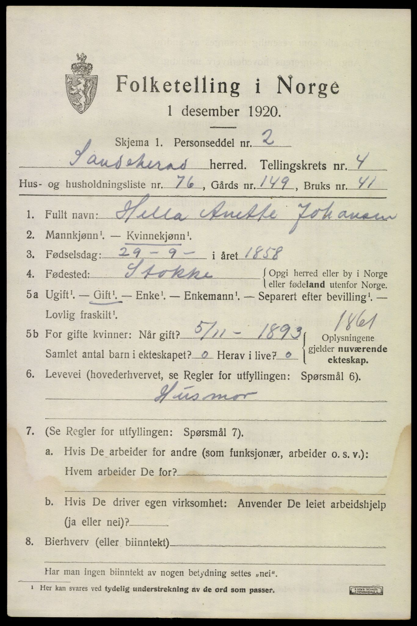 SAKO, 1920 census for Sandeherred, 1920, p. 7470