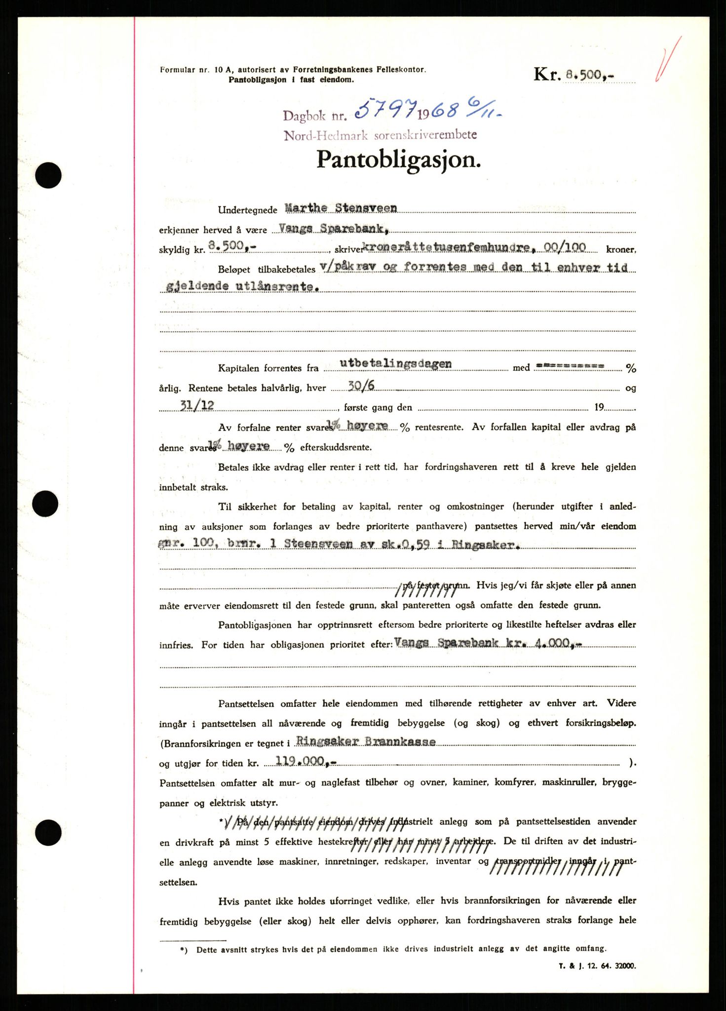 Nord-Hedmark sorenskriveri, SAH/TING-012/H/Hb/Hbf/L0077: Mortgage book no. B77, 1968-1969, Diary no: : 5797/1968