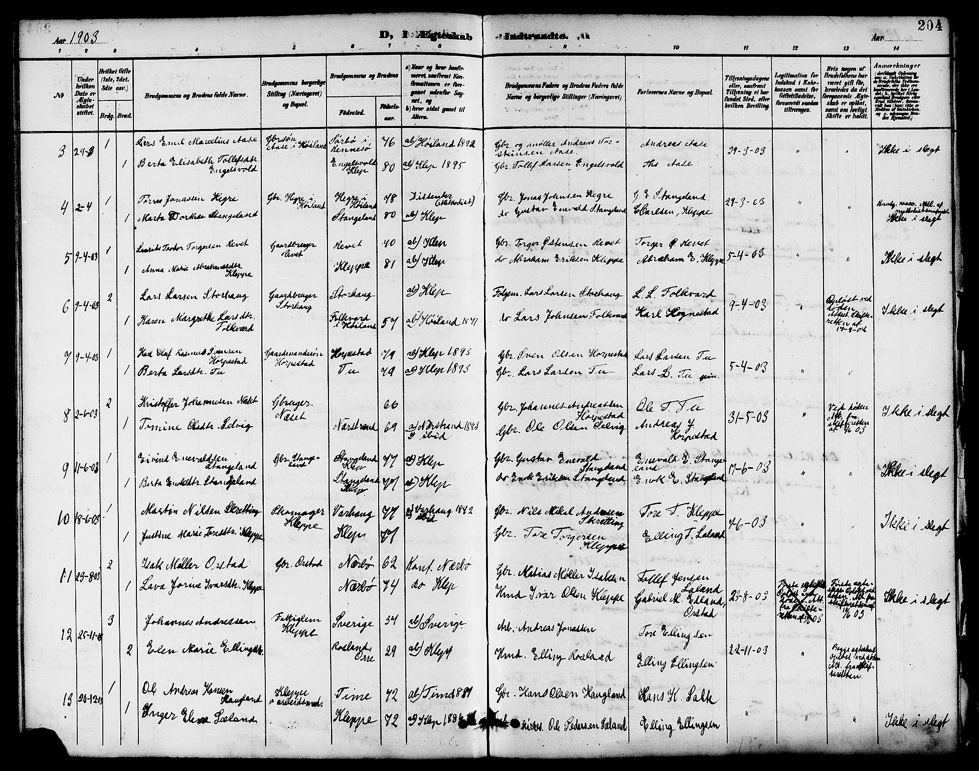 Klepp sokneprestkontor, SAST/A-101803/001/3/30BB/L0004: Parish register (copy) no. B 4, 1889-1914, p. 204
