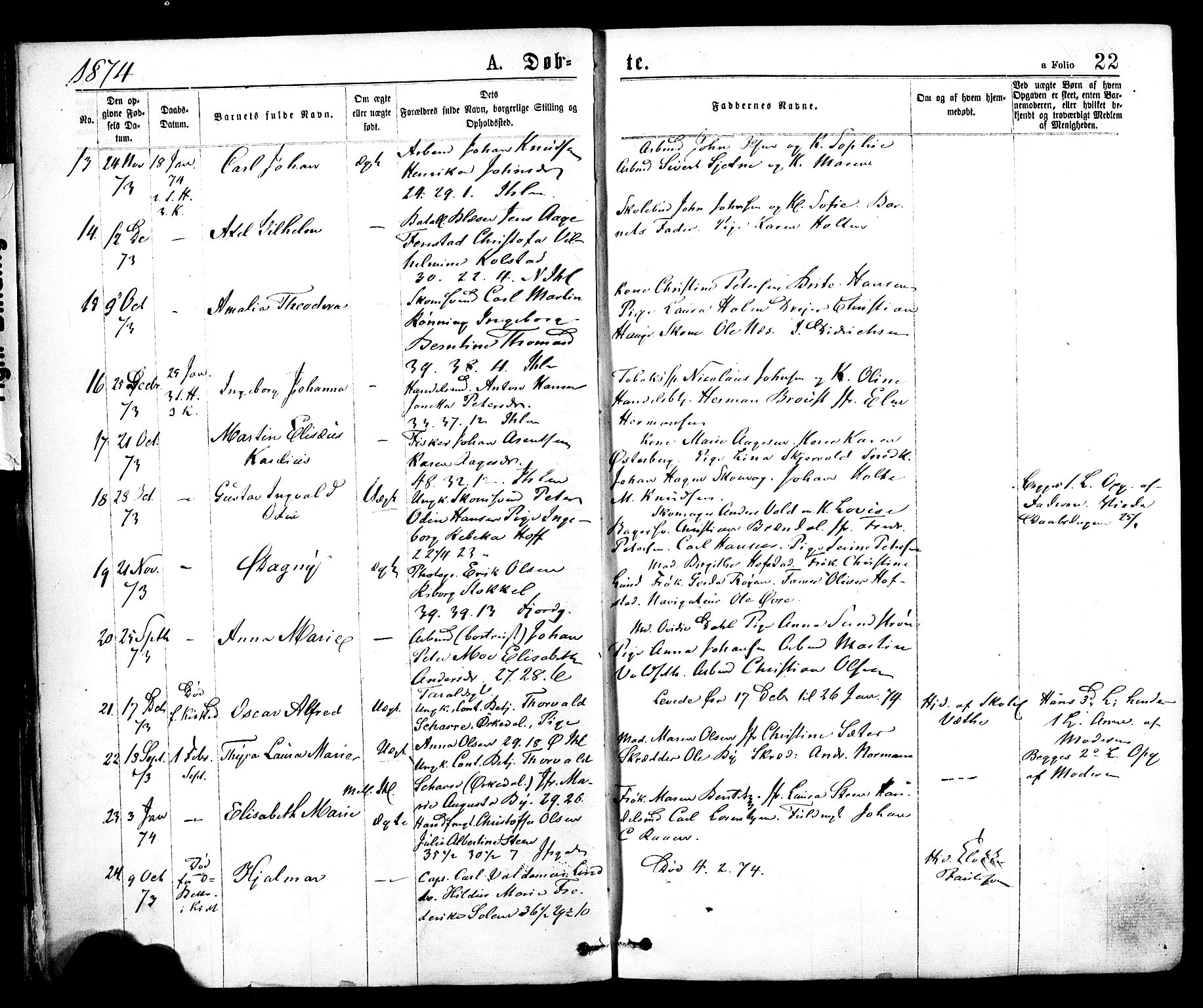 Ministerialprotokoller, klokkerbøker og fødselsregistre - Sør-Trøndelag, SAT/A-1456/602/L0118: Parish register (official) no. 602A16, 1873-1879, p. 22