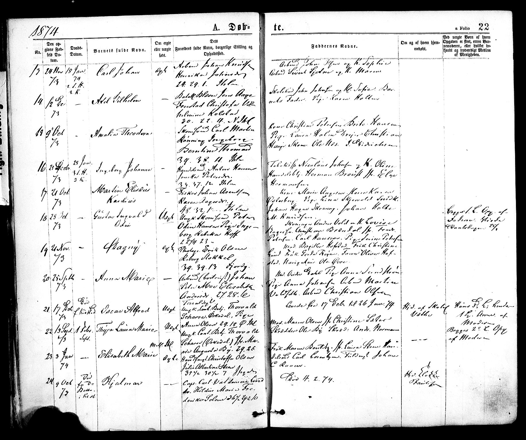 Ministerialprotokoller, klokkerbøker og fødselsregistre - Sør-Trøndelag, AV/SAT-A-1456/602/L0118: Parish register (official) no. 602A16, 1873-1879, p. 22