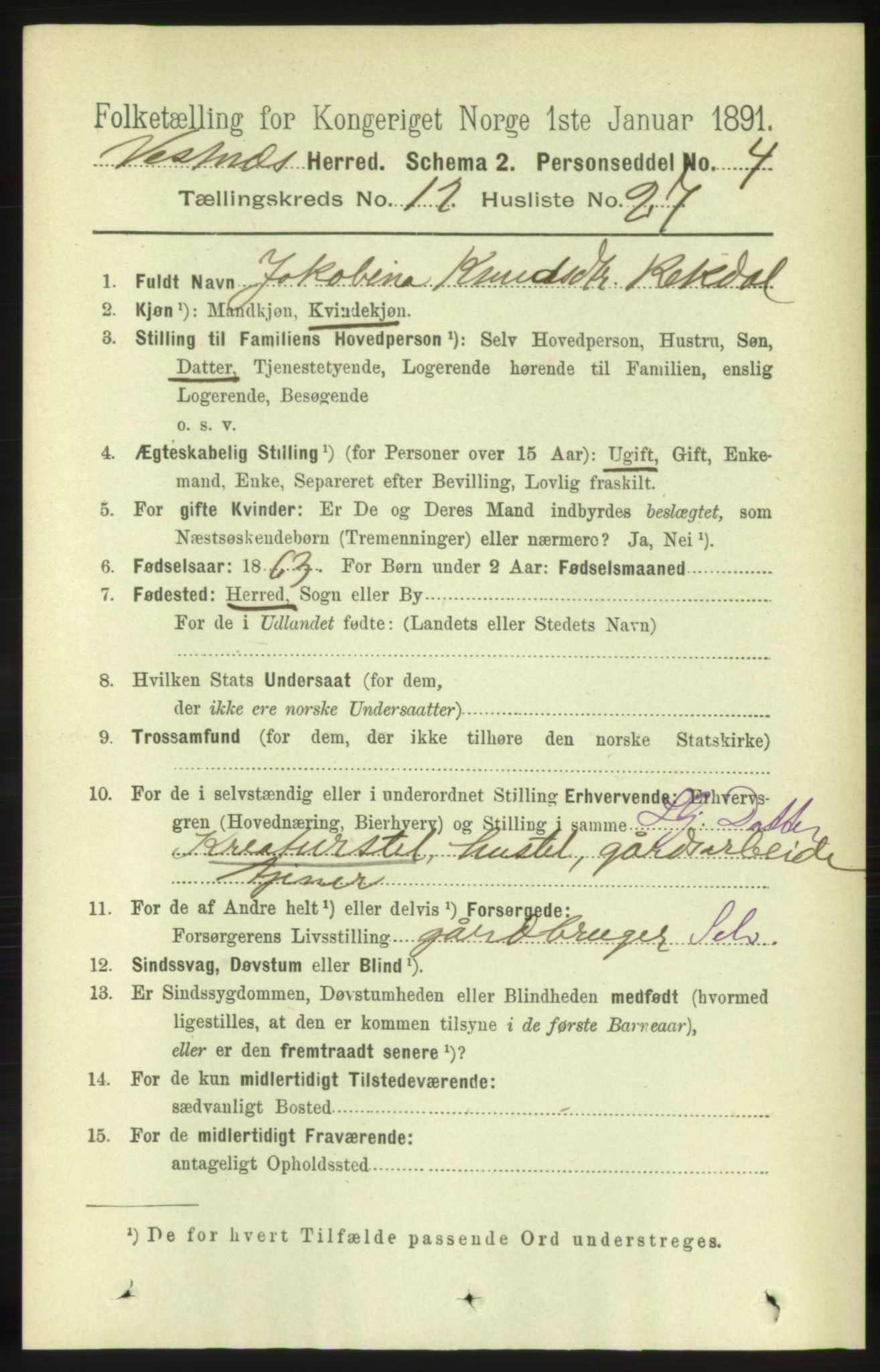 RA, 1891 census for 1535 Vestnes, 1891, p. 4571