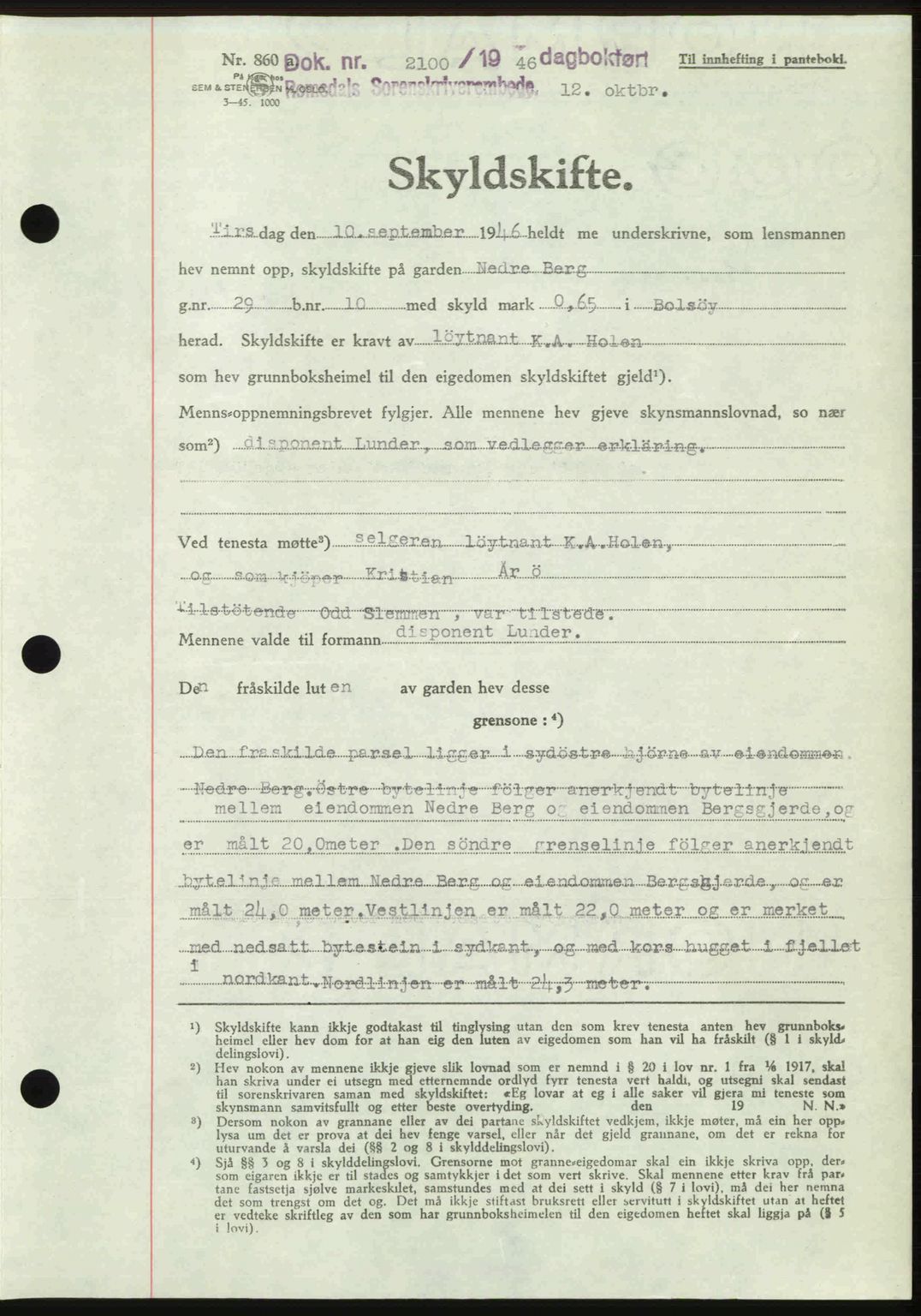 Romsdal sorenskriveri, AV/SAT-A-4149/1/2/2C: Mortgage book no. A21, 1946-1946, Diary no: : 2100/1946