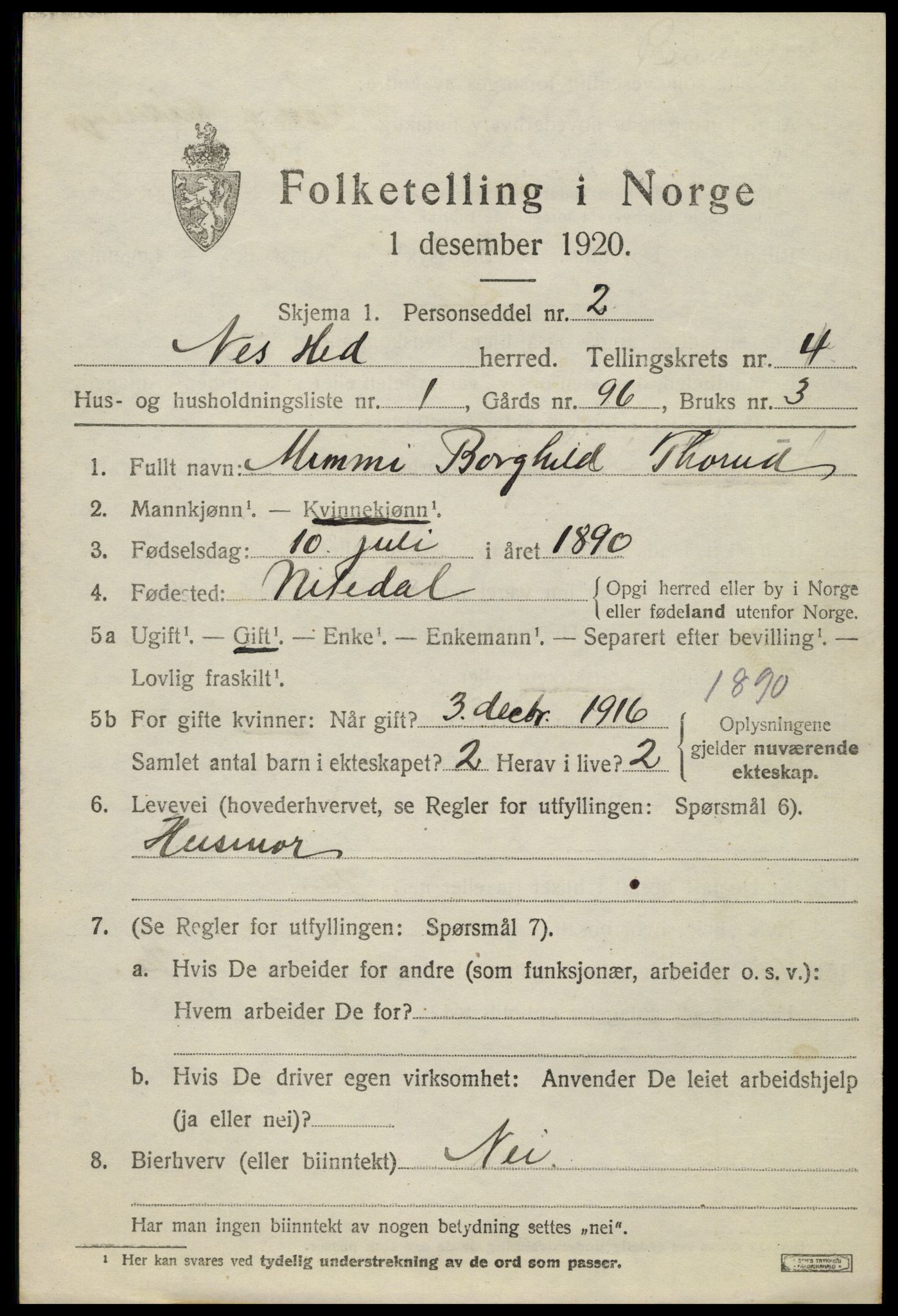 SAH, 1920 census for Nes (Hedmark), 1920, p. 5592