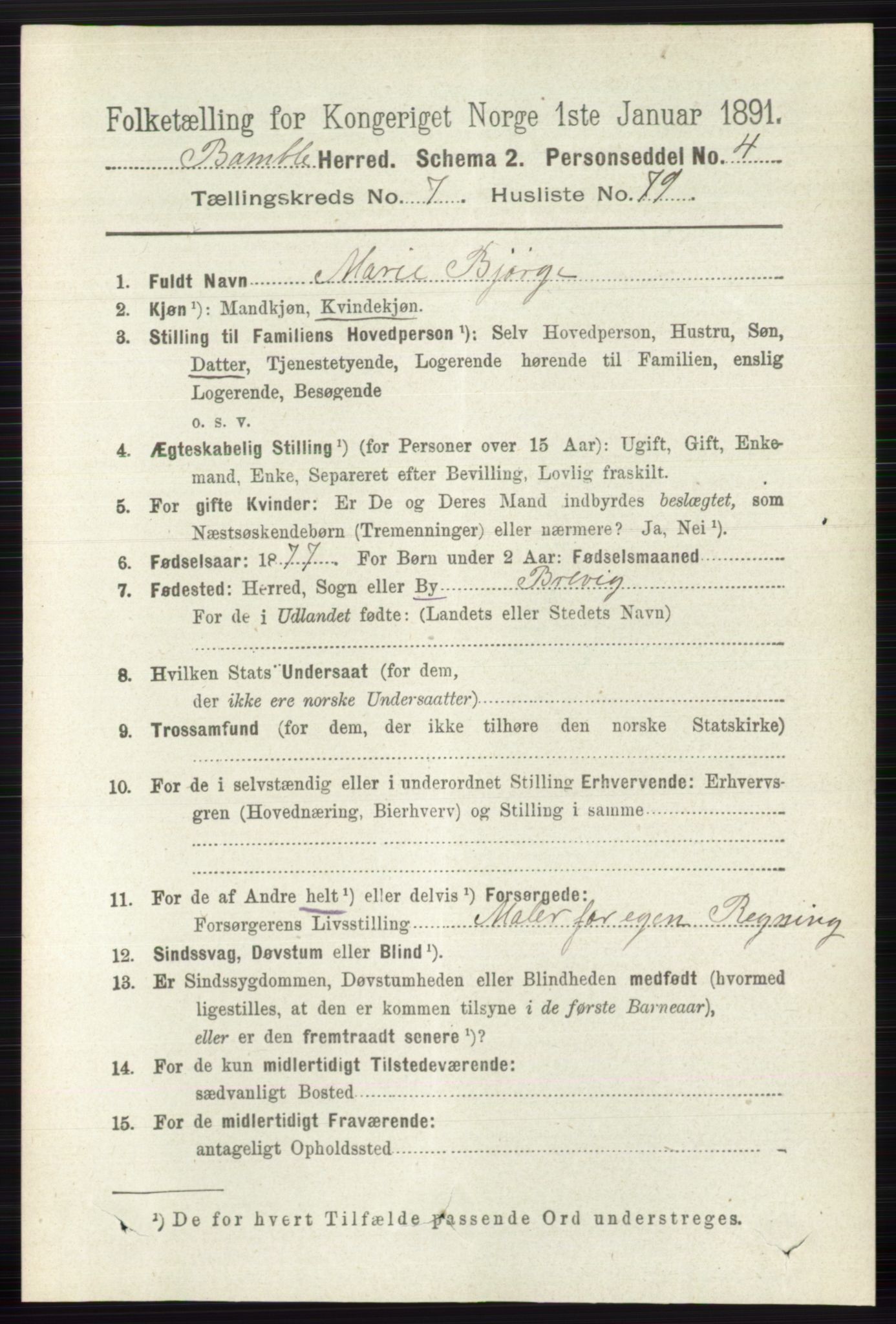 RA, 1891 census for 0814 Bamble, 1891, p. 3408