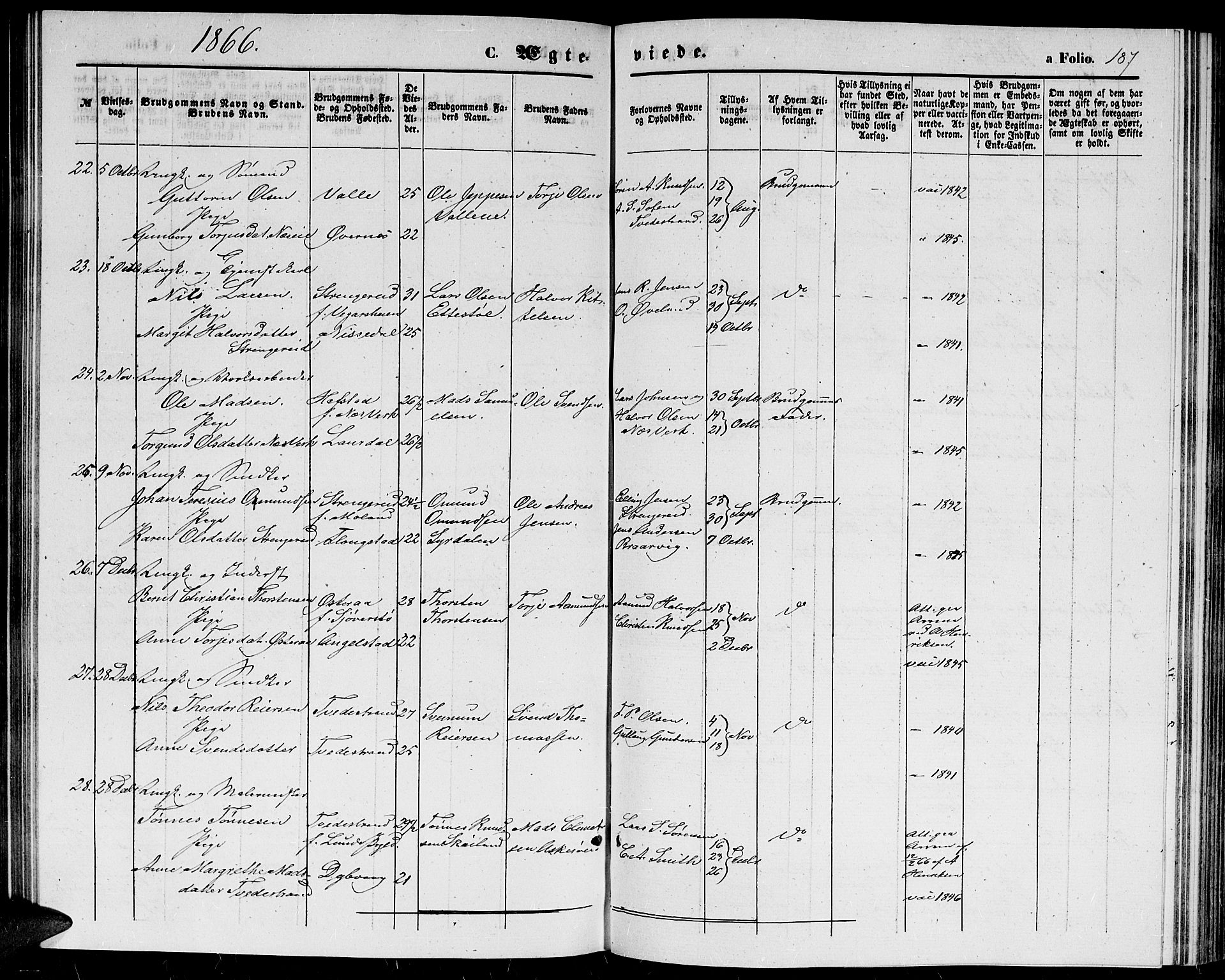 Holt sokneprestkontor, AV/SAK-1111-0021/F/Fb/L0008: Parish register (copy) no. B 8, 1858-1871, p. 187