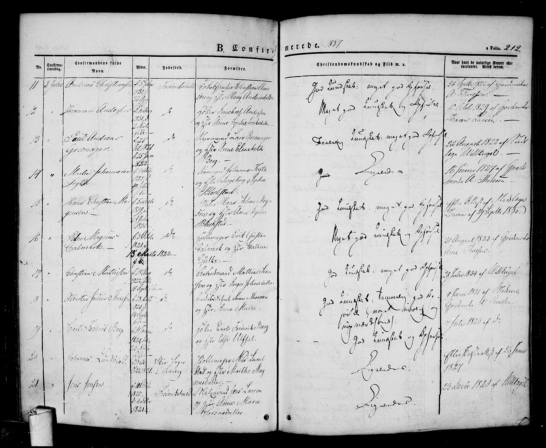 Halden prestekontor Kirkebøker, AV/SAO-A-10909/F/Fa/L0005: Parish register (official) no. I 5, 1834-1845, p. 212