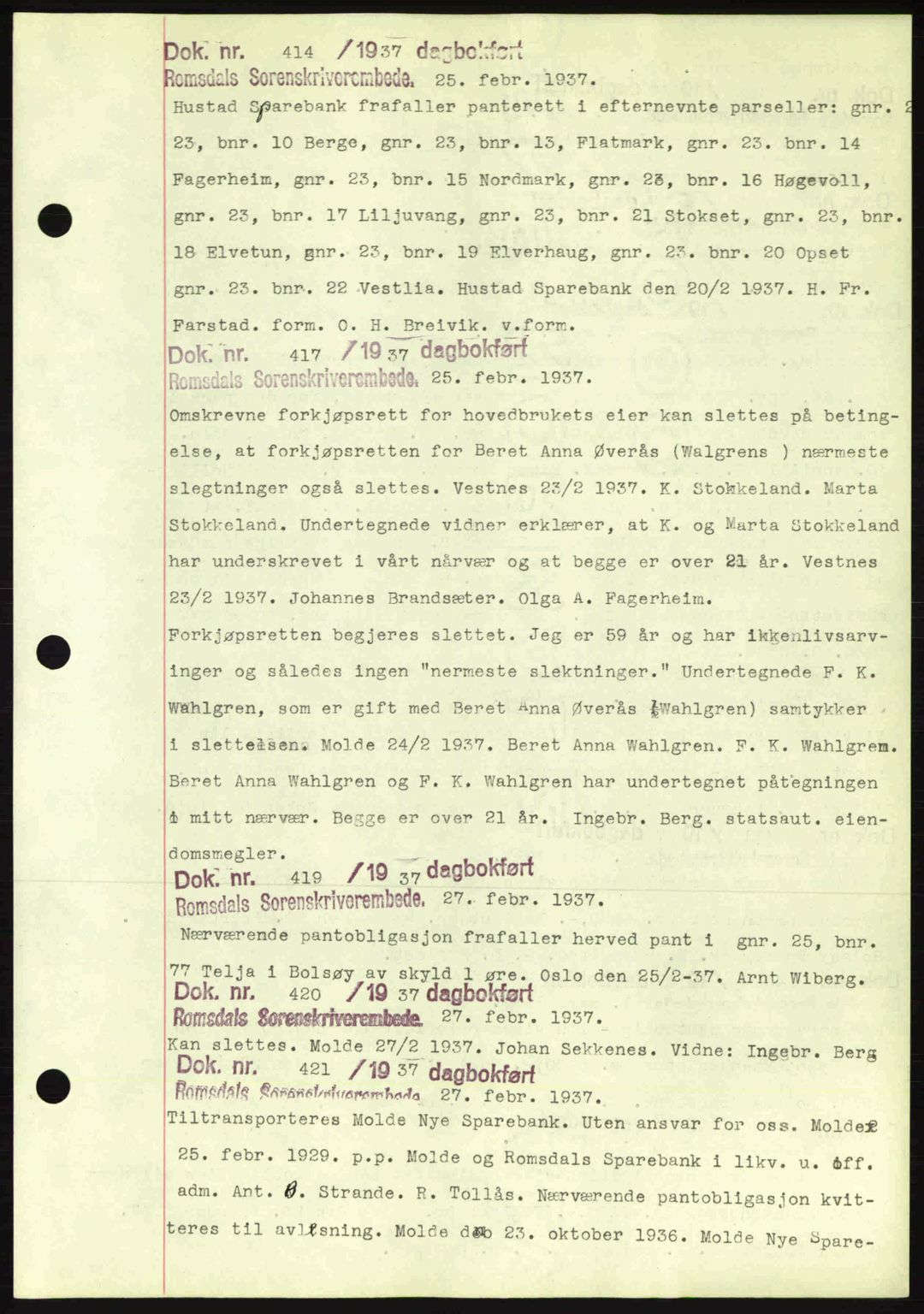 Romsdal sorenskriveri, AV/SAT-A-4149/1/2/2C: Mortgage book no. C1a, 1936-1945, Diary no: : 414/1937