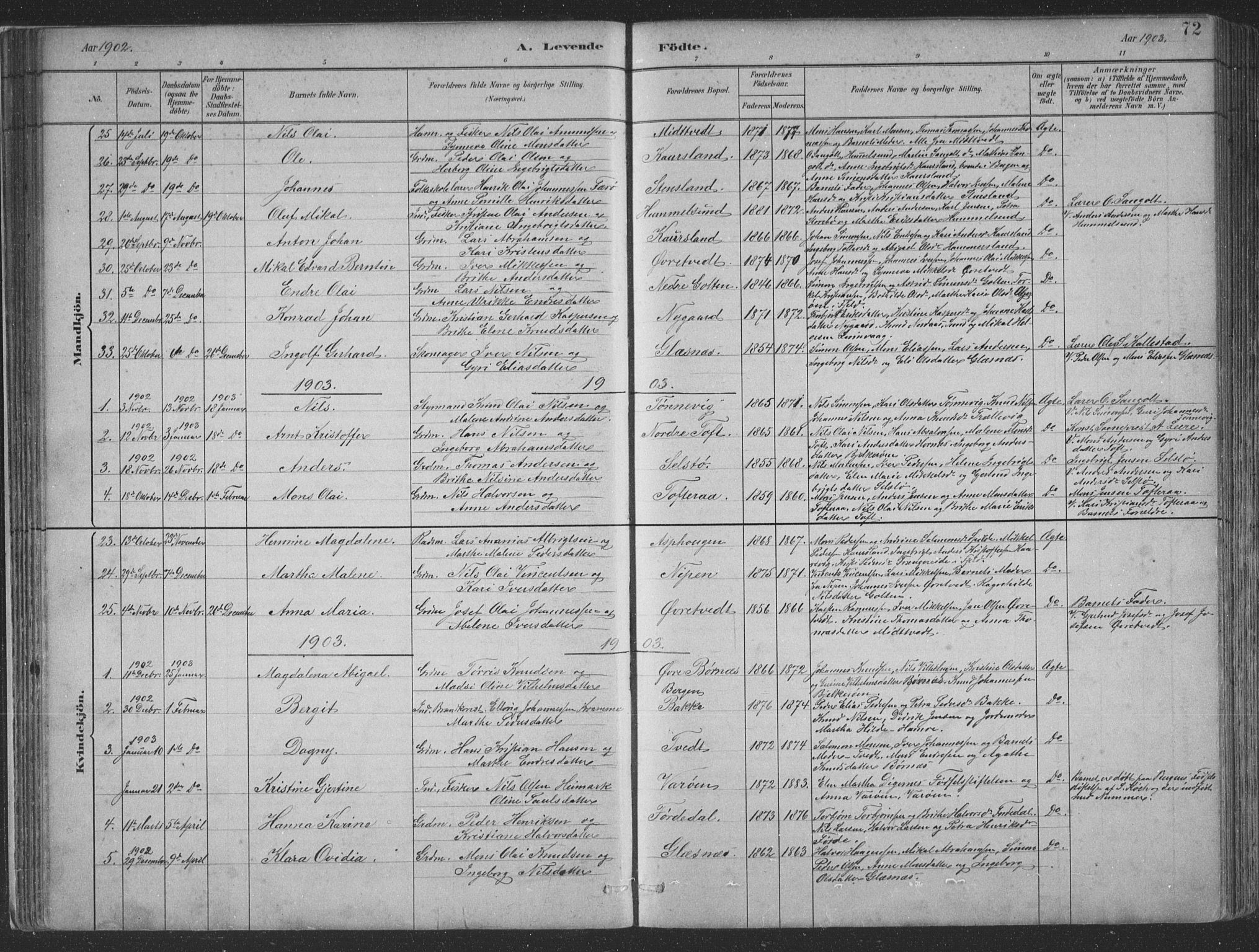 Sund sokneprestembete, AV/SAB-A-99930: Parish register (copy) no. B 3, 1882-1911, p. 72