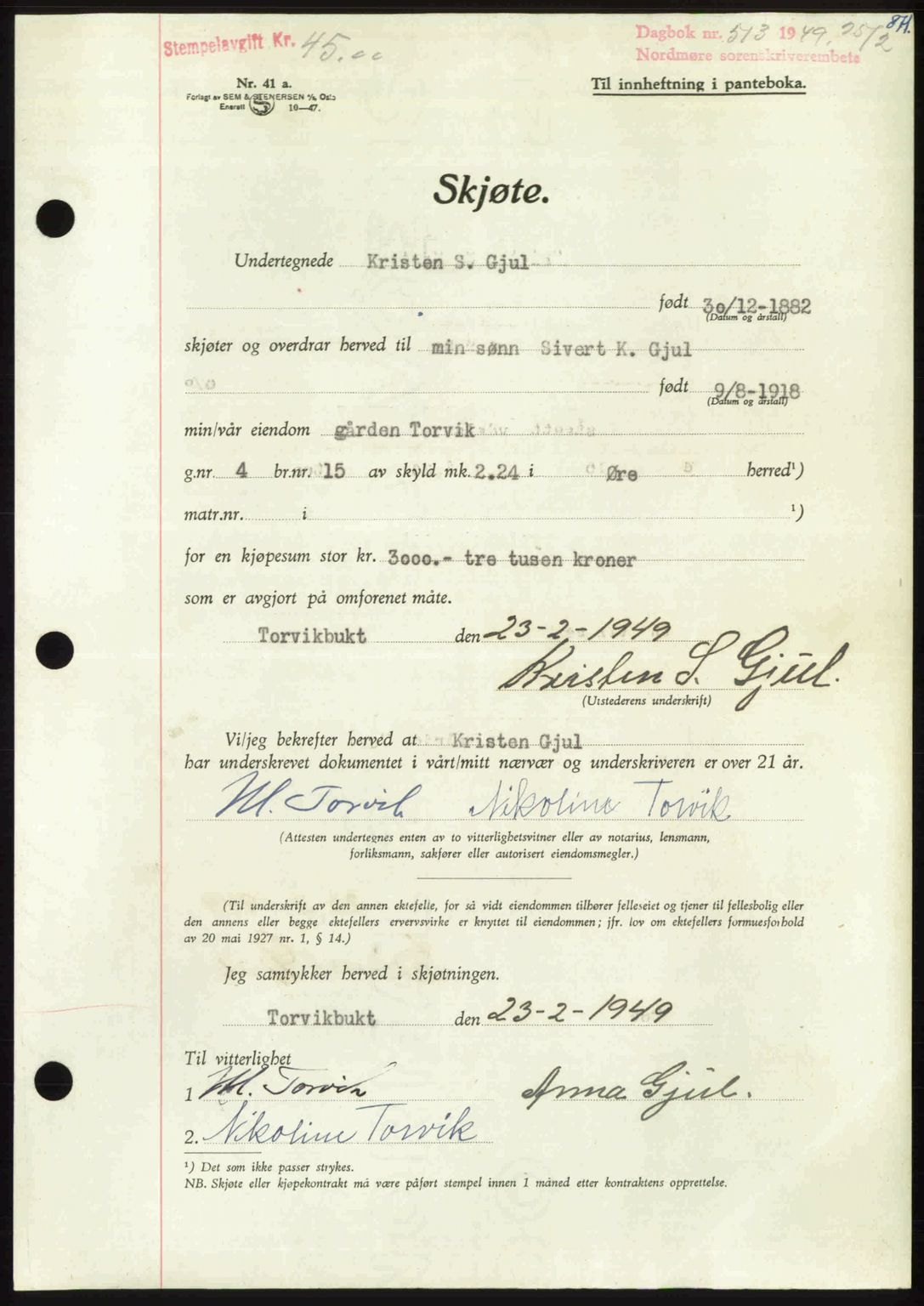 Nordmøre sorenskriveri, AV/SAT-A-4132/1/2/2Ca: Mortgage book no. A110, 1948-1949, Diary no: : 513/1949