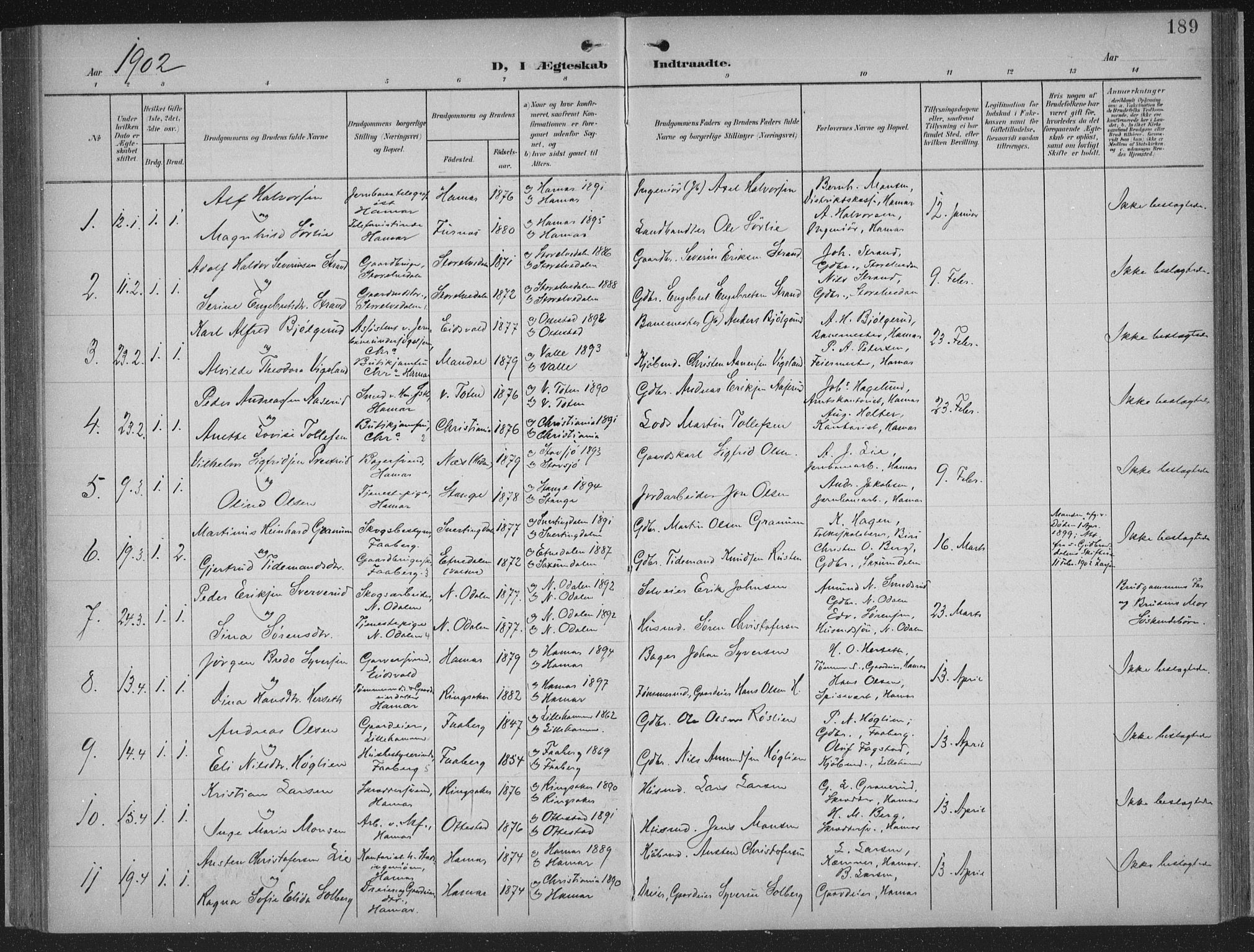 Hamar prestekontor, AV/SAH-DOMPH-002/H/Ha/Haa/L0001: Parish register (official) no. 1, 1900-1914, p. 189