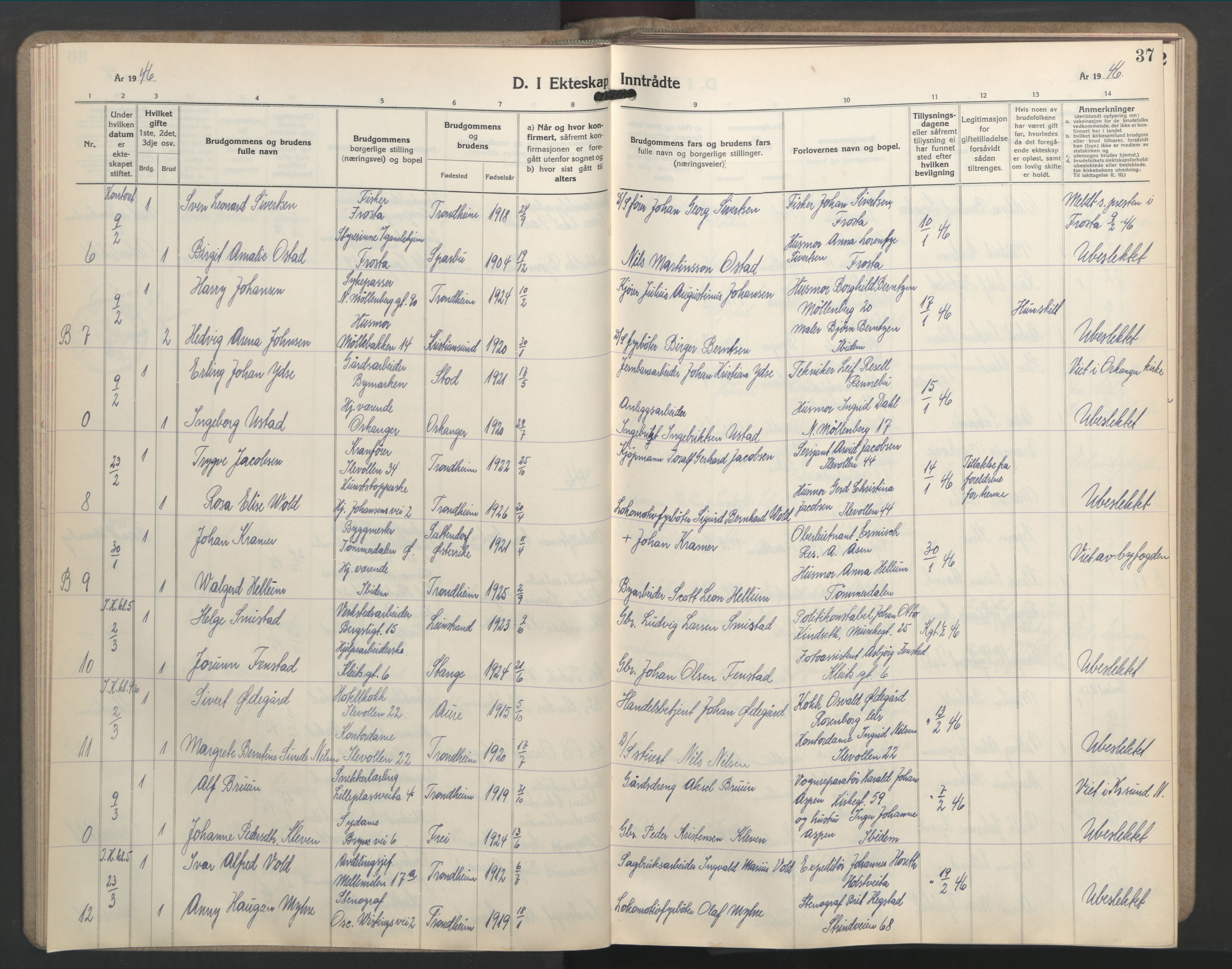 Ministerialprotokoller, klokkerbøker og fødselsregistre - Sør-Trøndelag, SAT/A-1456/603/L0177: Parish register (copy) no. 603C05, 1941-1952, p. 37