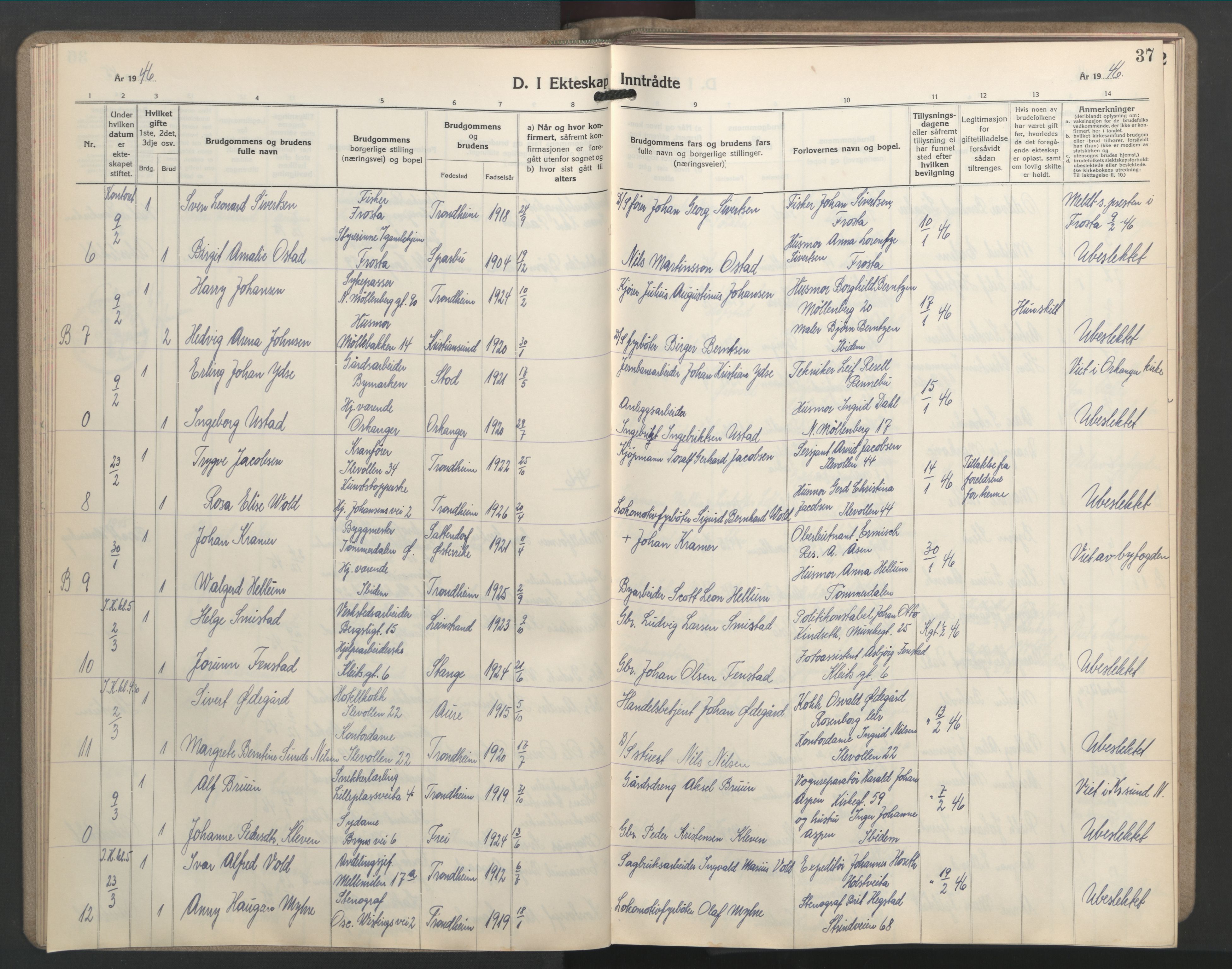 Ministerialprotokoller, klokkerbøker og fødselsregistre - Sør-Trøndelag, AV/SAT-A-1456/603/L0177: Parish register (copy) no. 603C05, 1941-1952, p. 37