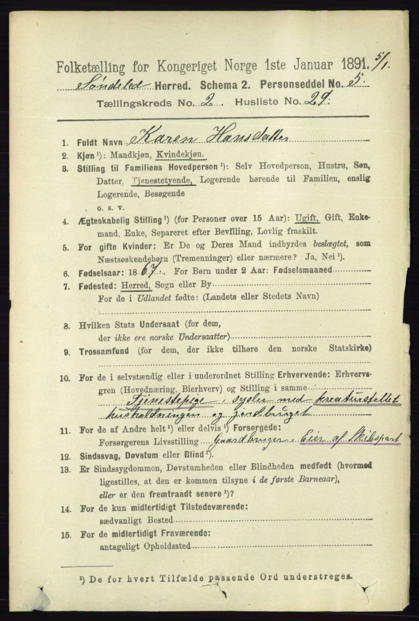 RA, 1891 census for 0913 Søndeled, 1891, p. 543